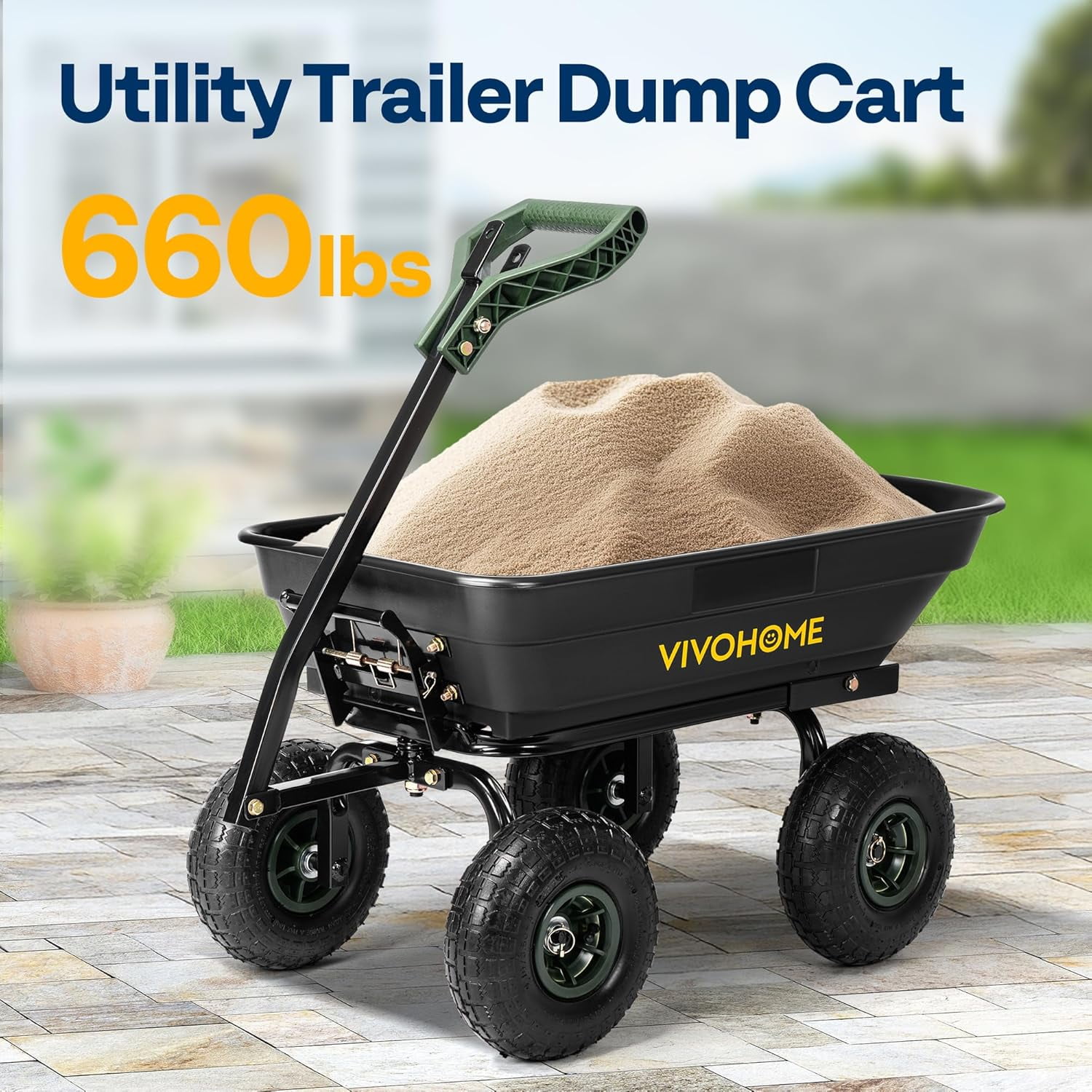 SPECSTAR Heavy-Duty Garden Dump Cart, Utility Wagon with 2-in-1 Convertible Handle and 10-in All-Terrain Wheels (Black, 660 lb) whq95
