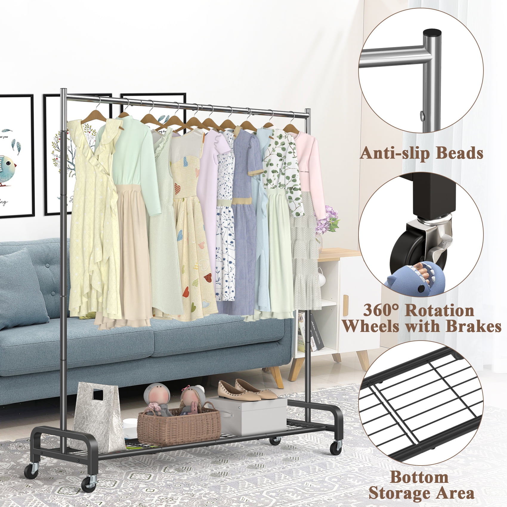 Mr IRONSTONE Heavy Duty Rolling Clothes Rack with Shelves, Portable Garment Organizer (Black, 400 lb) 47hdr