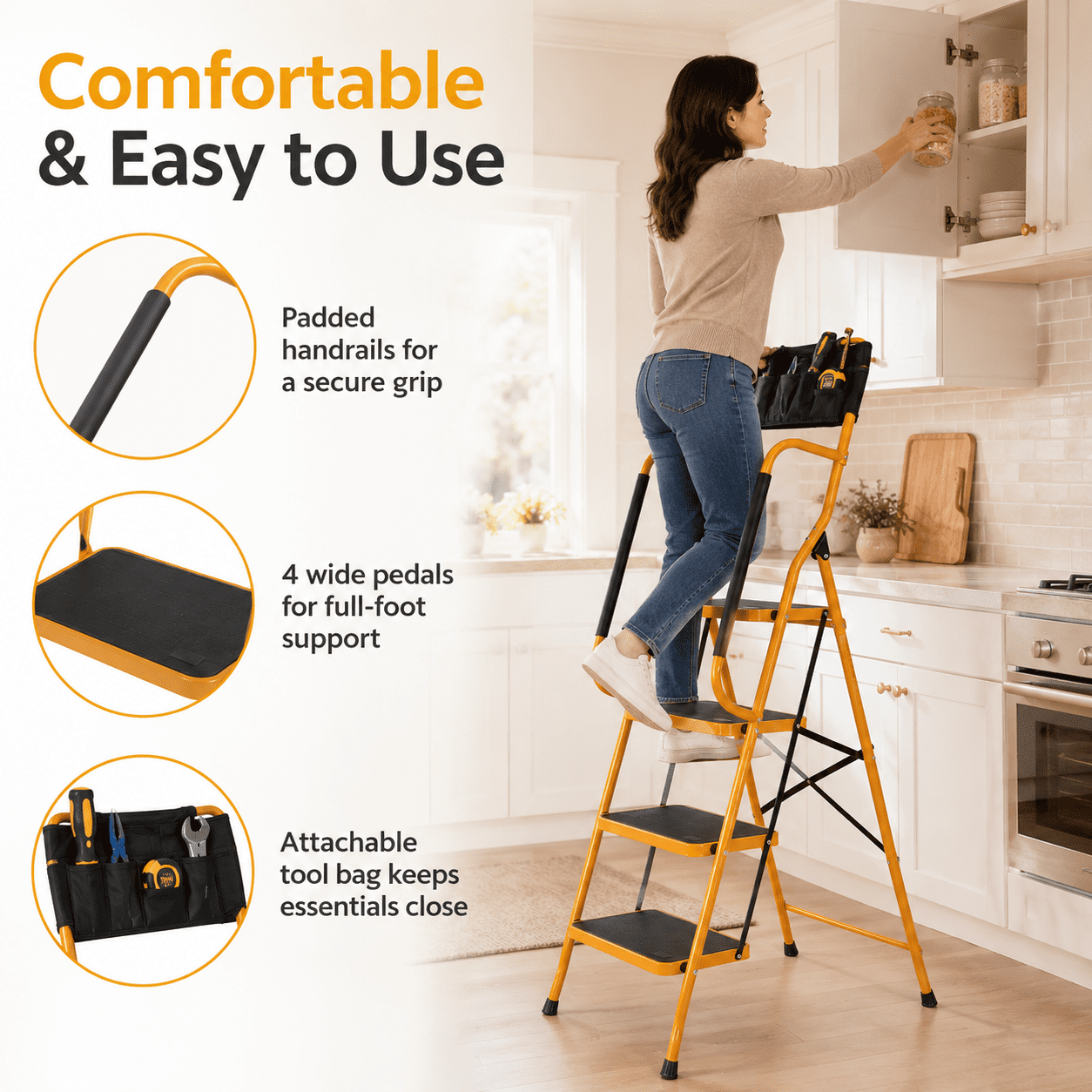 Alvantor 4-Step Iron Ladder with Handrails and Tool Bag (Ginger Yellow, 330 lb Capacity) szhpg