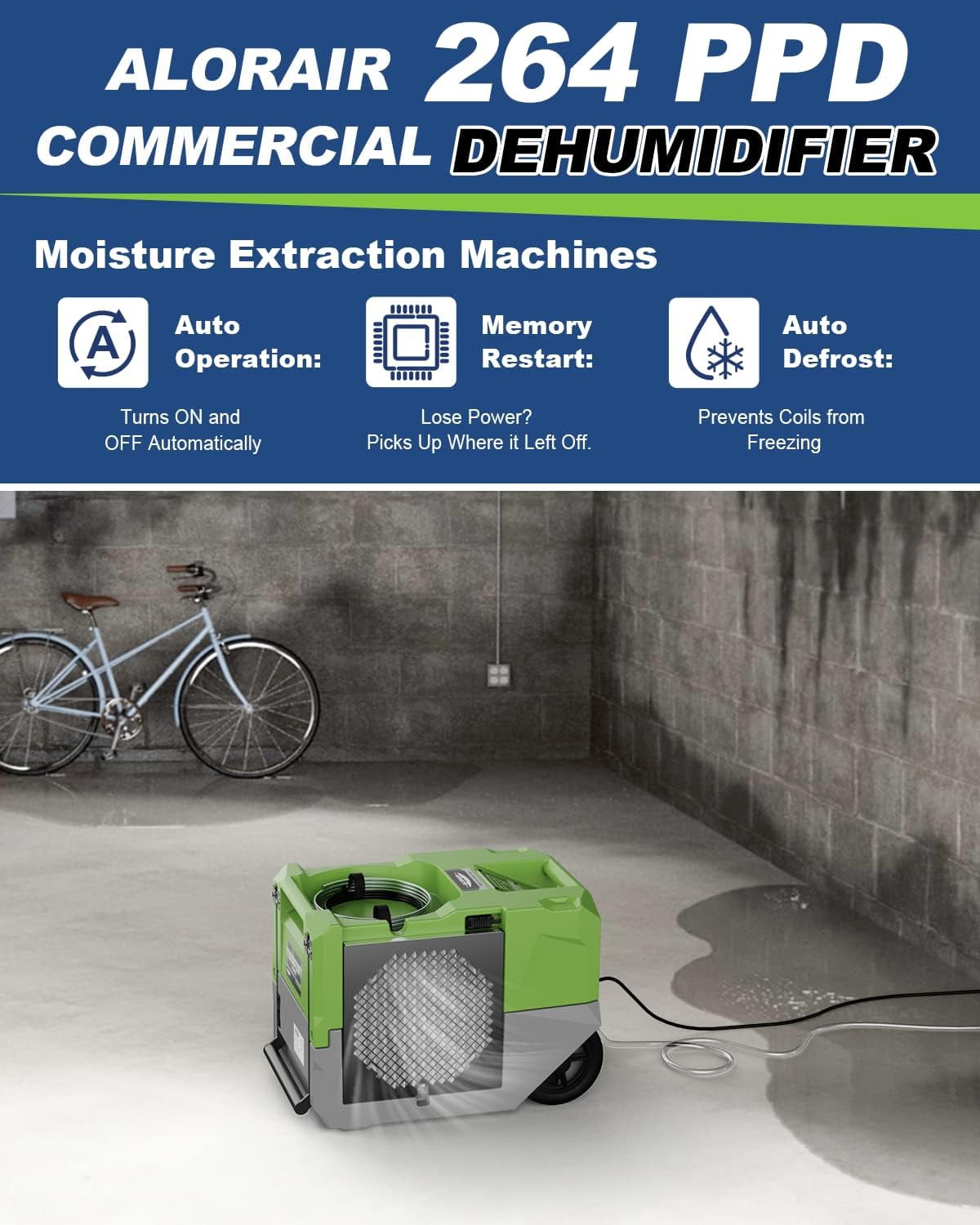 AlorAir LGR Commercial Dehumidifier with Built-in Pump, High-Capacity Industrial Moisture Removal for Water Damage Restoration (Green, 3000 Sq. Ft.) hf58f