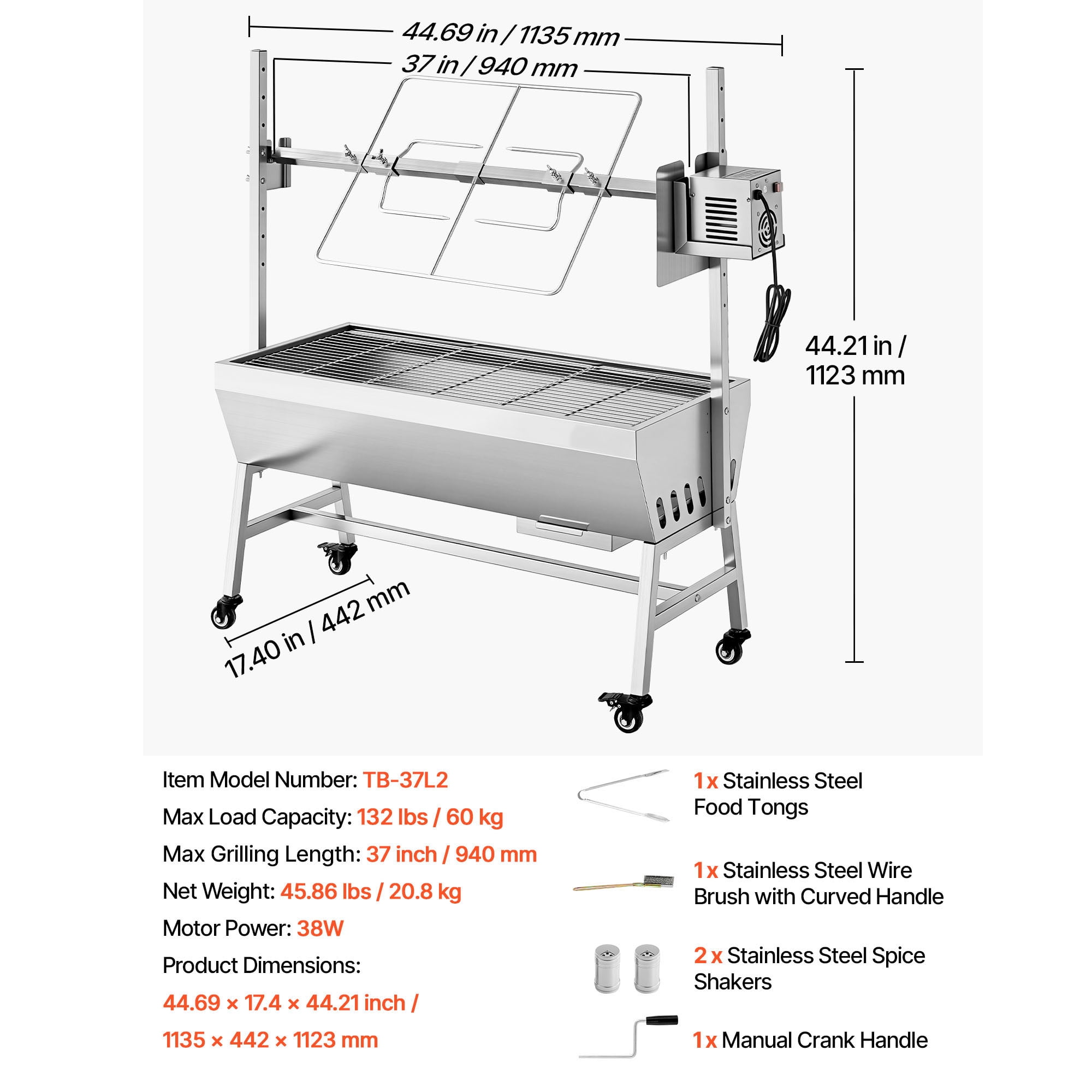 KFFKFF Outdoor Rotisserie Grill with 38W Motor, Heavy-Duty Charcoal Spit Roaster for Pig and Lamb (Black, 132 lb Capacity) hiqbq