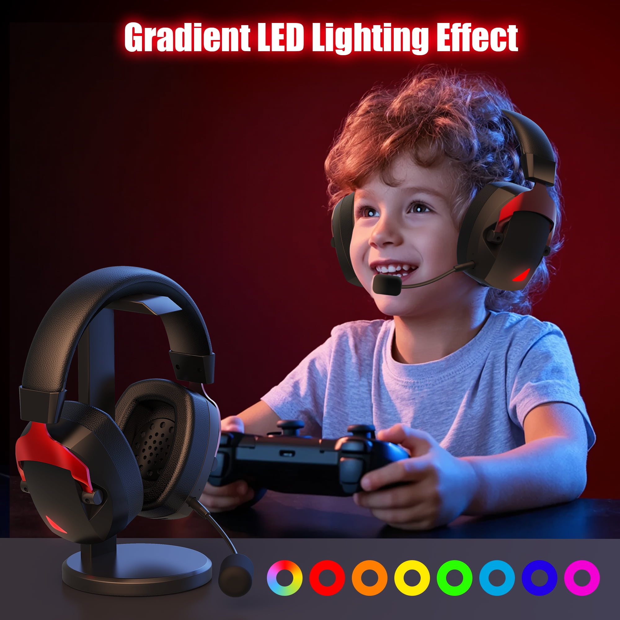 Mollan Wireless Gaming Headphones, Over-Ear Noise-Canceling Headset with RGB Lighting (Red, 1 Pack) bmij5