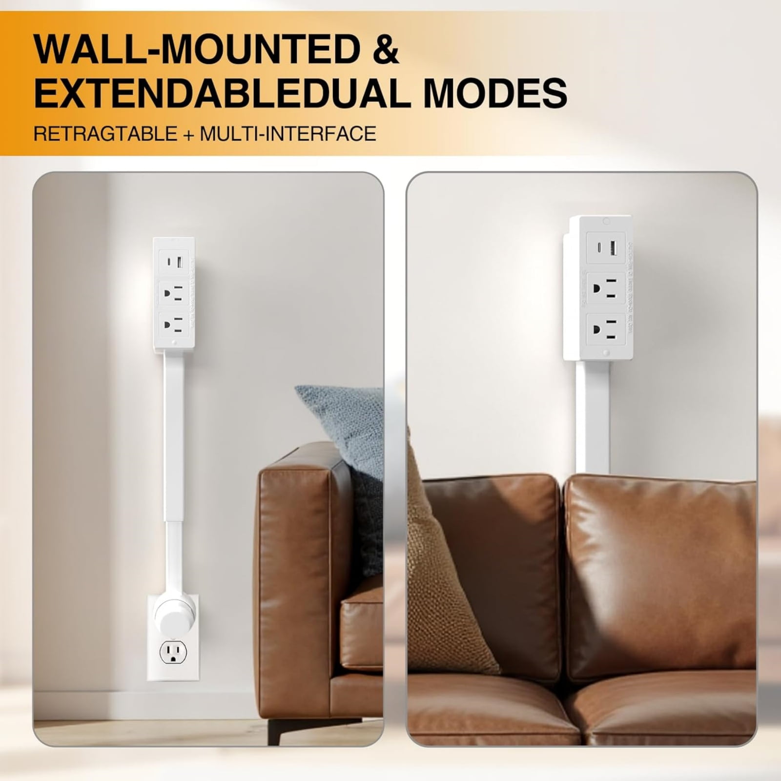 Demine Electrical Outlet Extender Stick with USB-A, USB-C, and 2 AC Ports (White, 18 in to 27 in) le64l
