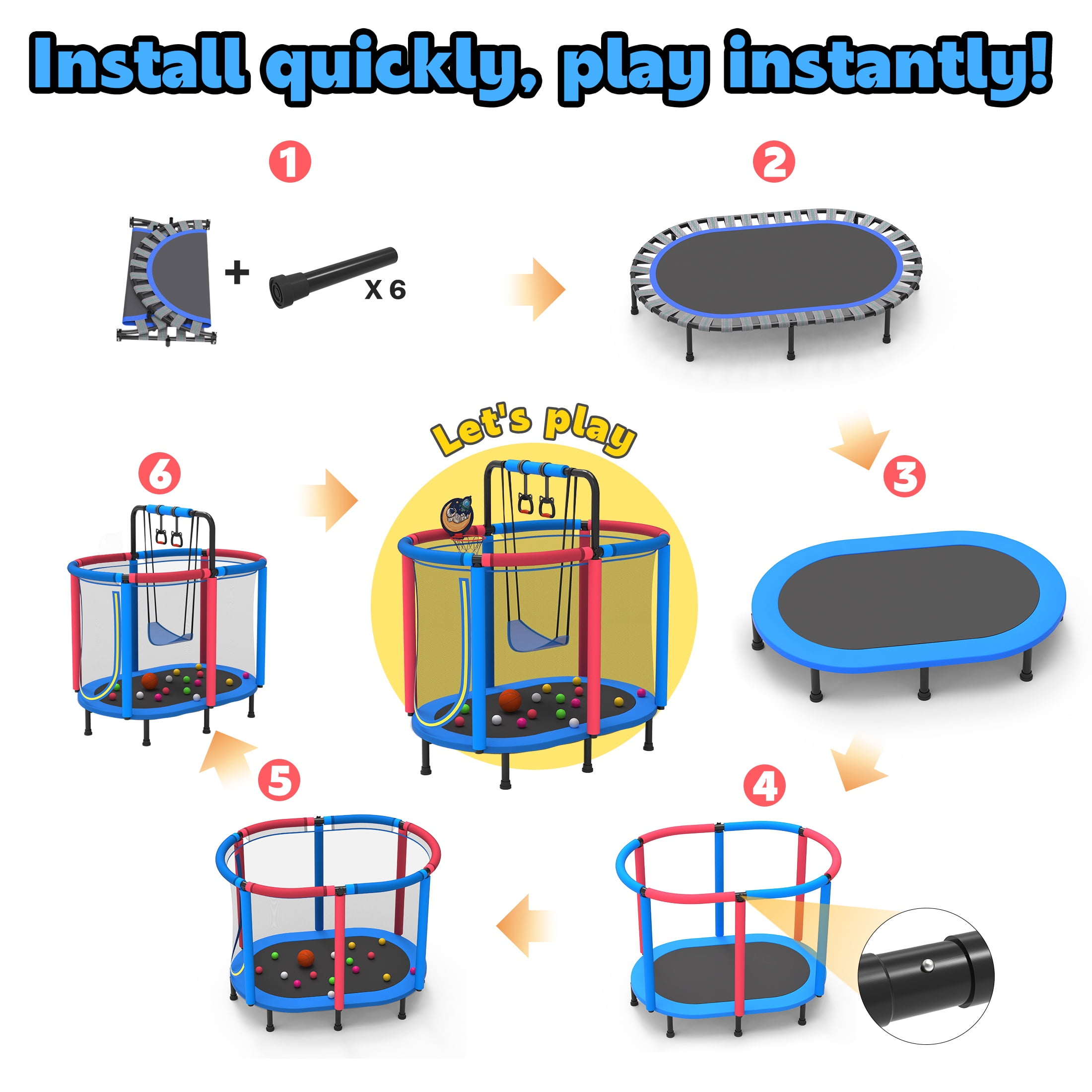 Segmart Kids Trampoline with Safety Enclosure, Basketball Hoop, Swing, and Gymnastic Rings (Blue, 60 in) zgj3e