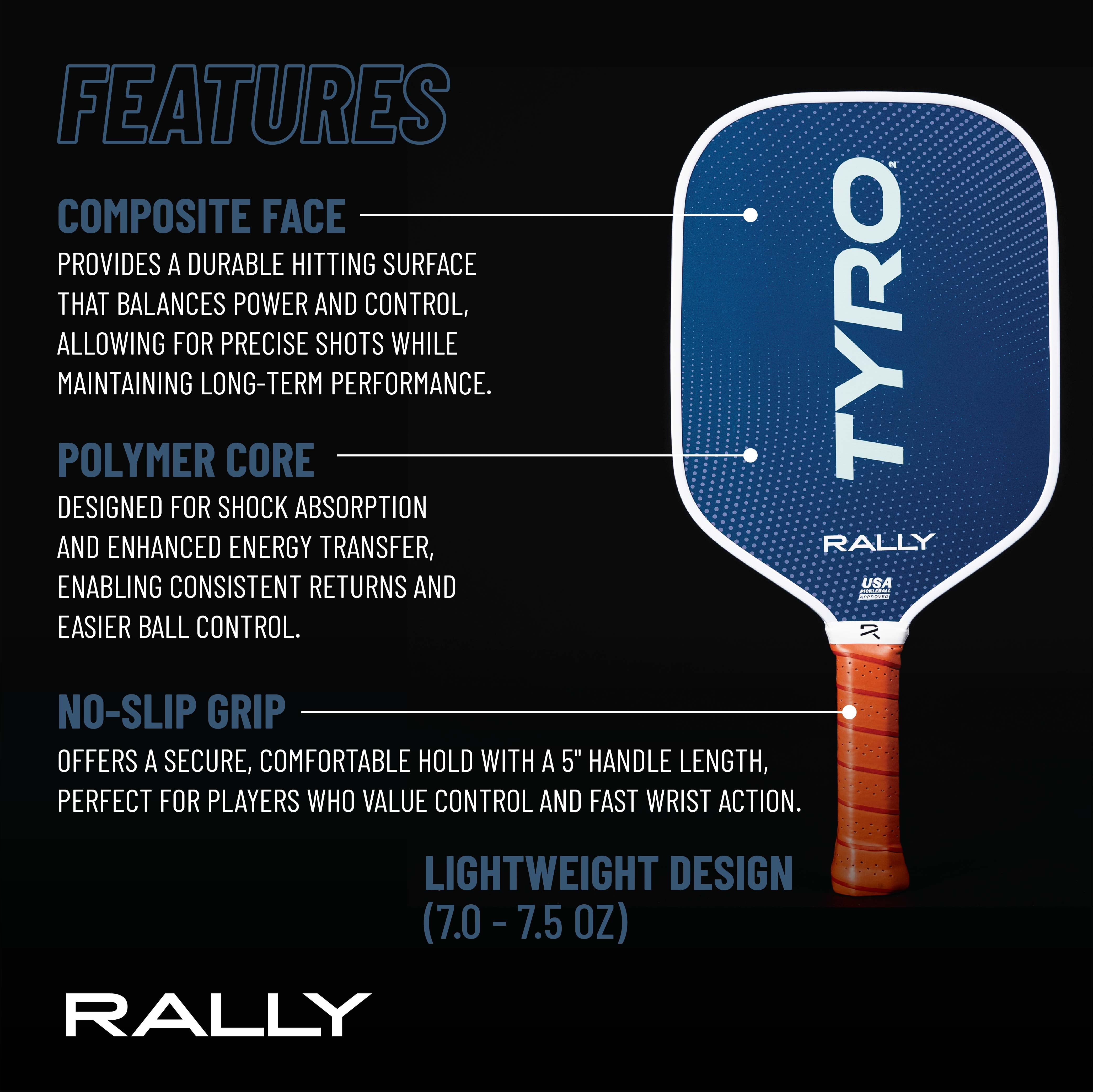 PickleballCentral Rally Tyro 2 Pickleball Paddle (Blue, 7.0-7.5 oz) 377zp