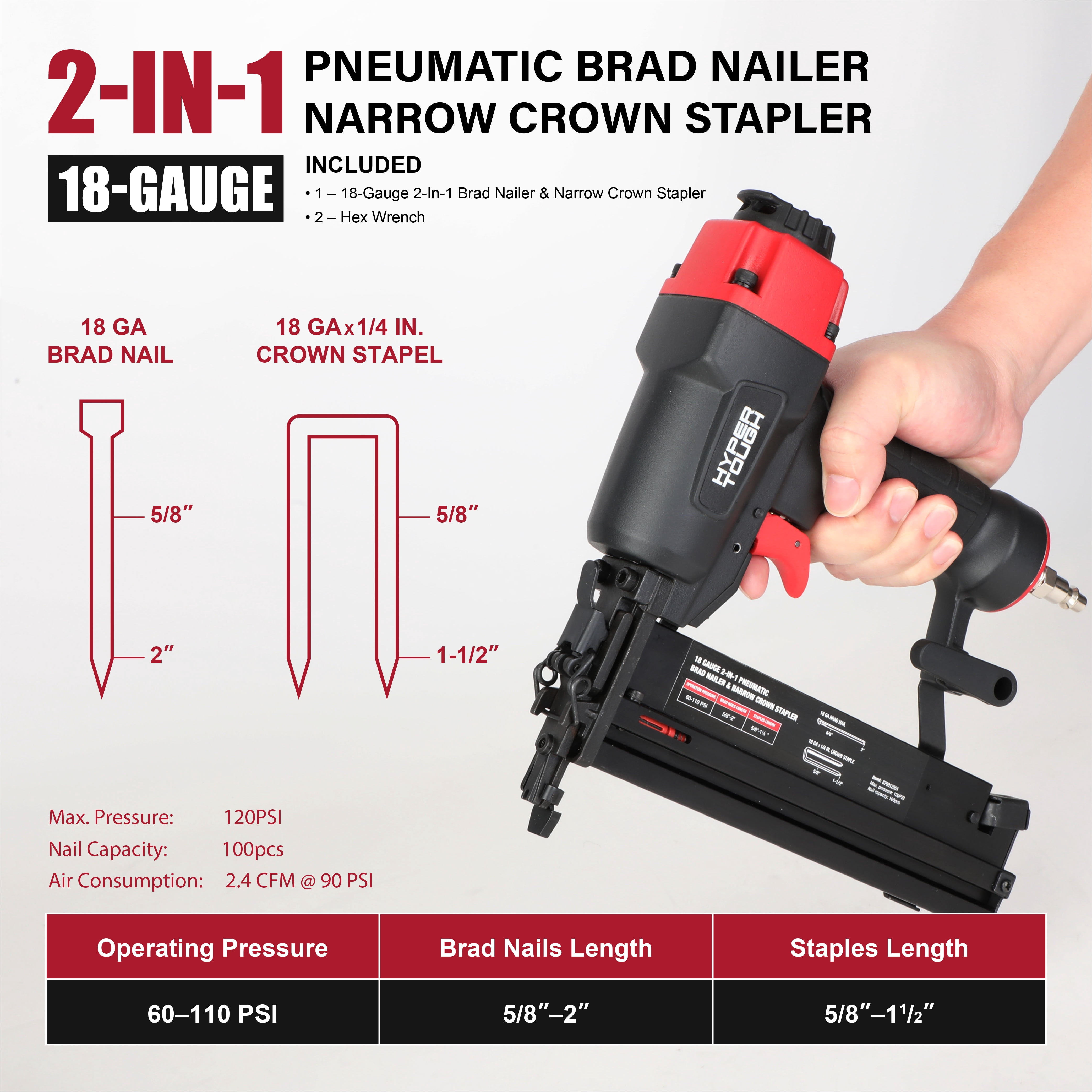 Hyper Tough 18 Gauge 2-in-1 Pneumatic Brad Nailer and Narrow Crown Stapler (Red, 2 in) pips8