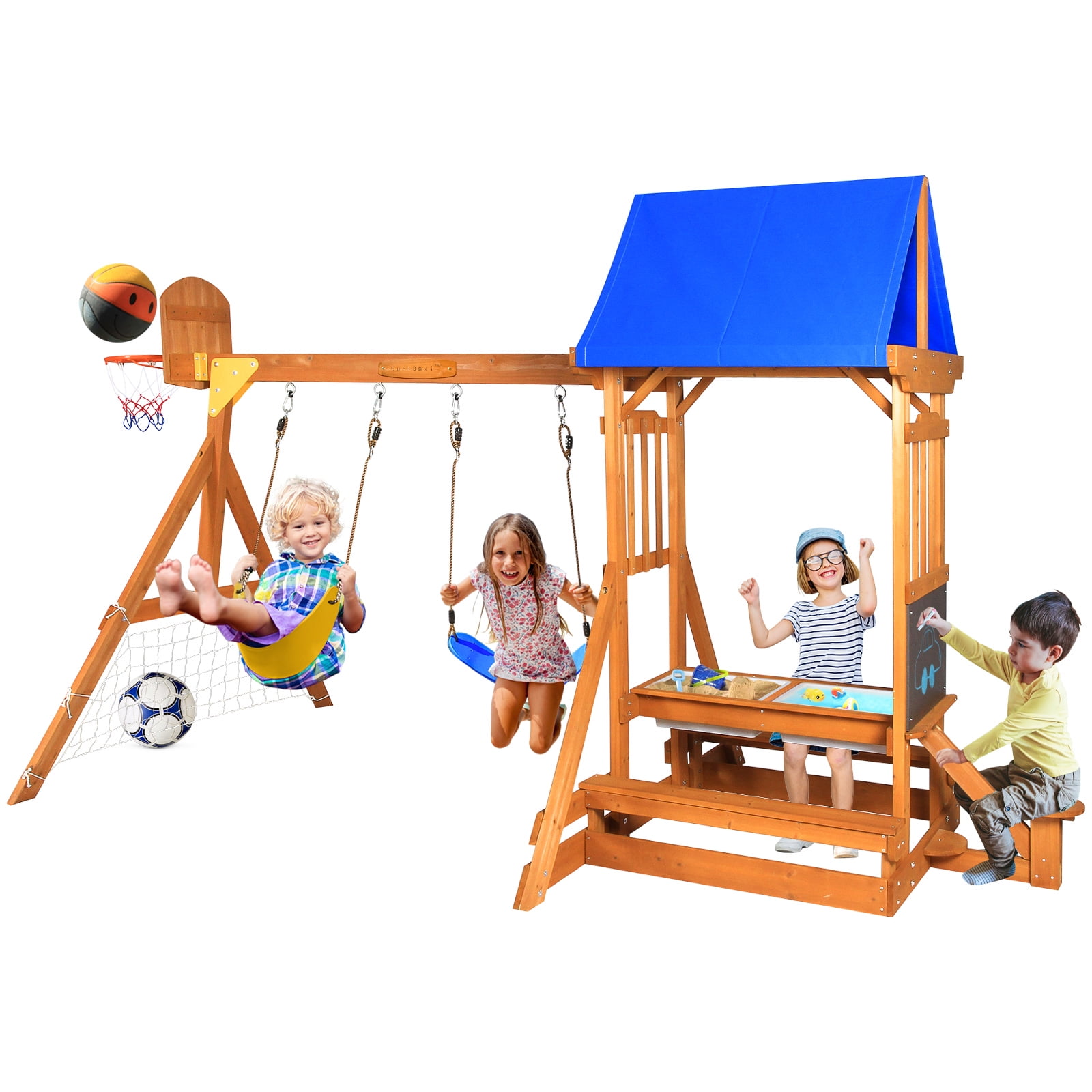 Suniboxi 6-in-1 Wooden Swing Set and Playground Activity Center (Yellow, 26 ft x 20 ft) jx2t3