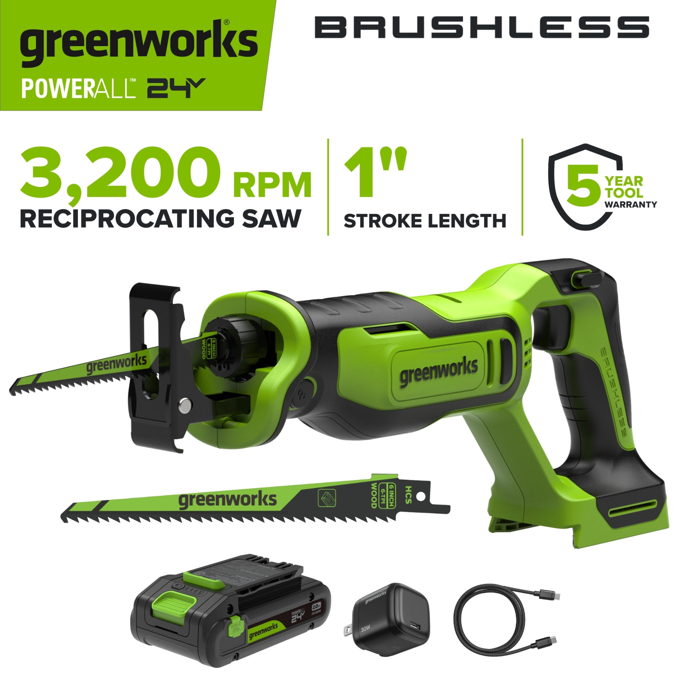 Greenworks PowerAll 24V Brushless Reciprocating Saw Kit with 2Ah Battery and 30W Charger (1 in Stroke Length) jjsok