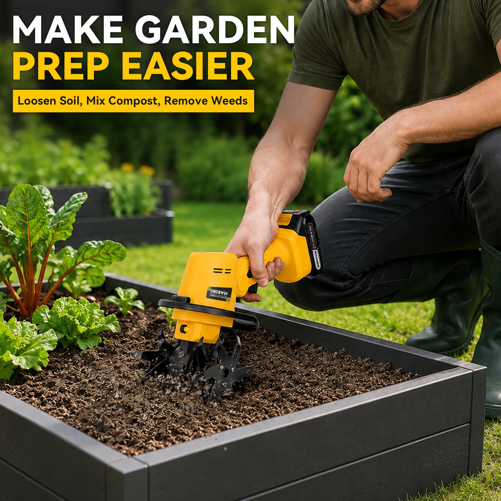 Dodowin Cordless Power Tiller, Lightweight Electric Cultivator for Garden Soil Preparation (1 Battery, 1 Charger) b2hta