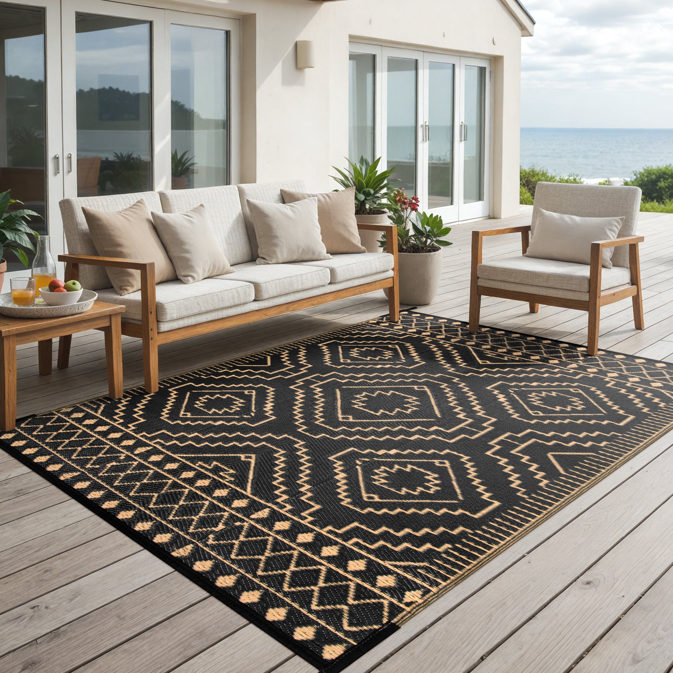 RUG ROBOT Reversible Outdoor Rug, Waterproof Plastic Straw Carpet for Patio and Backyard (Black/Brown, 5 ft x 8 ft) v6lv6