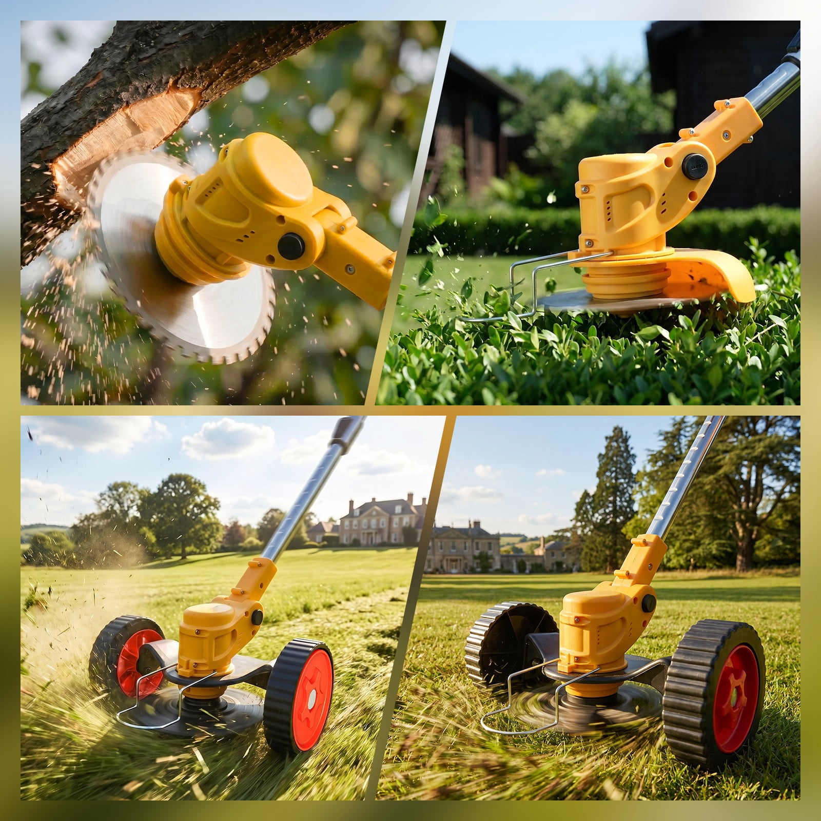 CATGOOD Cordless Electric Weed Trimmer with Wheels, 650W Grass Edger and Brush Cutter, Adjustable Shaft (Yellow, 2-Battery Pack) knlph