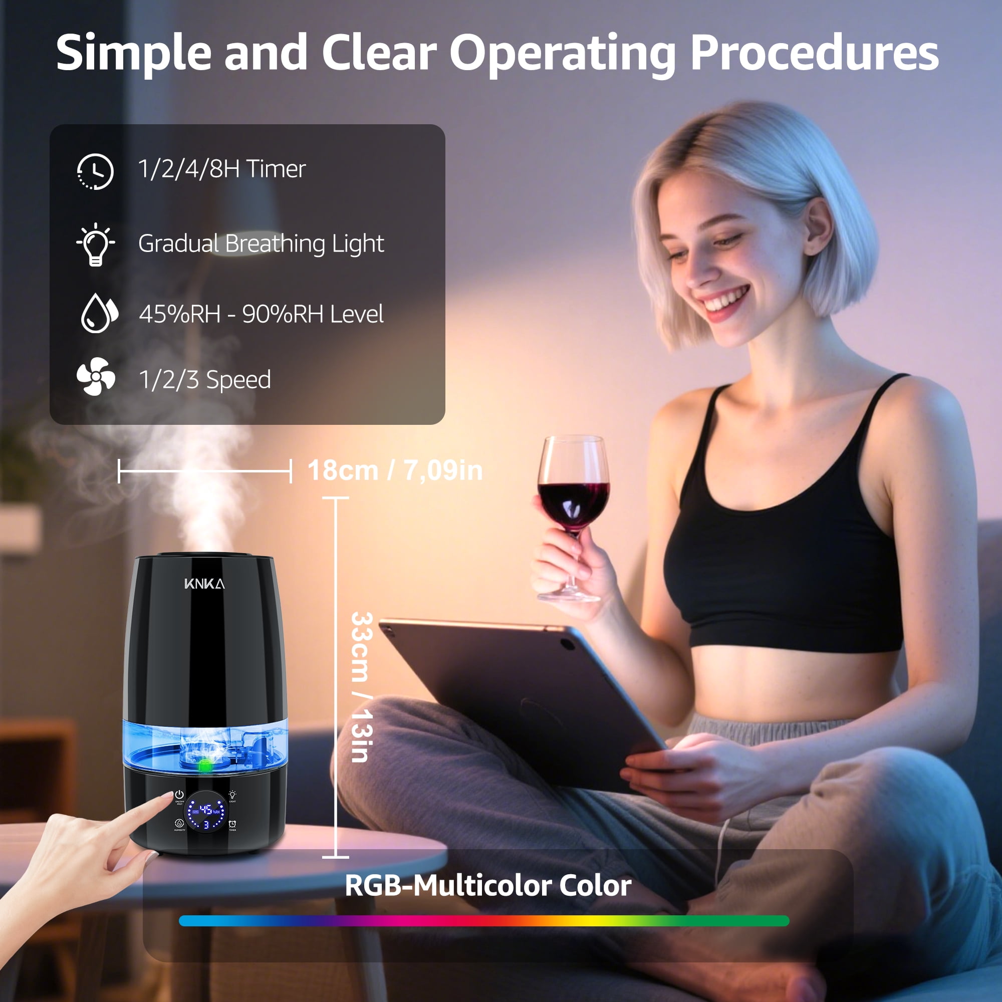 KNKA Ultrasonic Humidifier for Large Rooms, Essential Oil Diffuser with Auto Humidity Control (Black, 1.19 gal) u3yq2