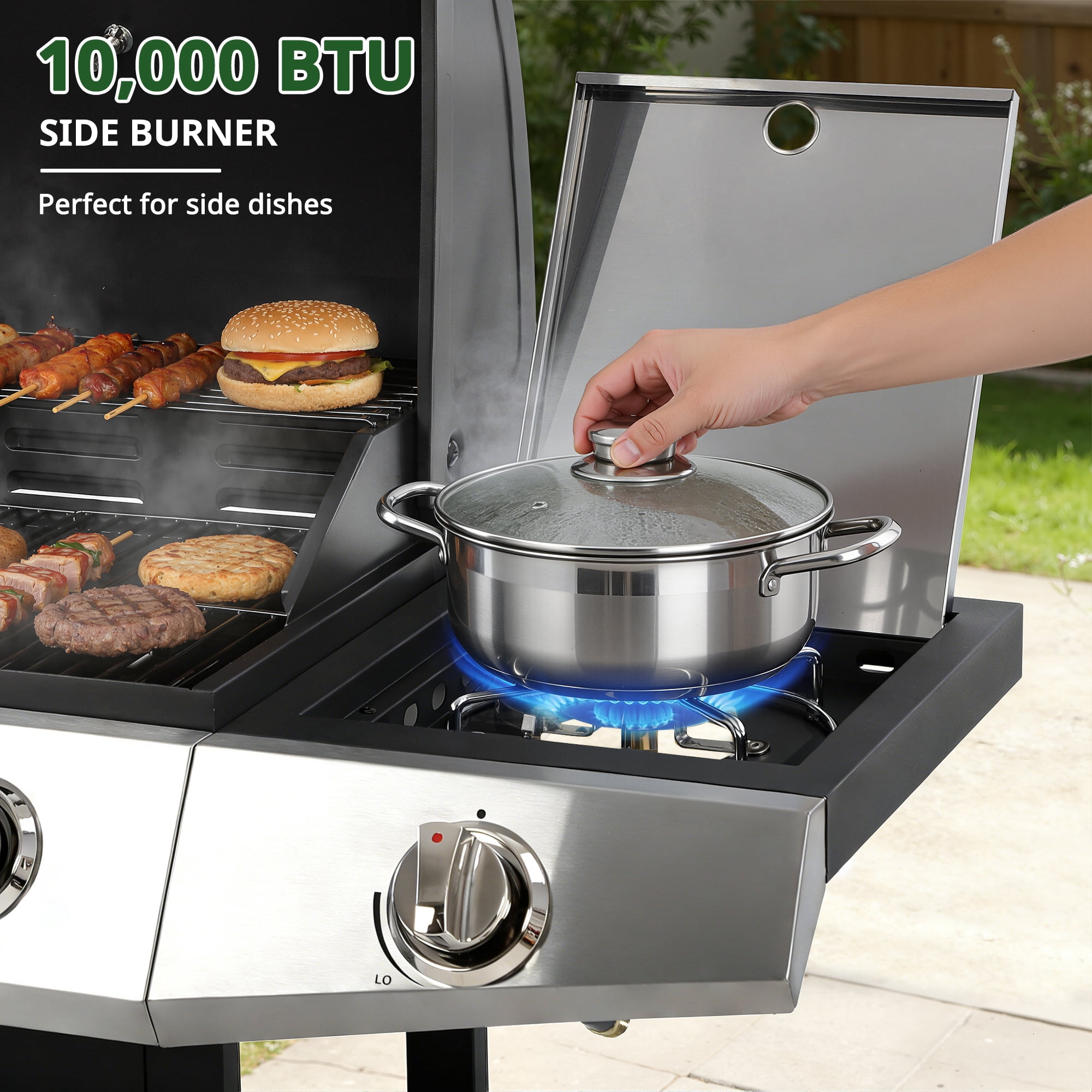 Seizeen 3-Burner Propane Gas Grill with Side Burner and Storage Cabinet (Black, 40,000 BTU) eqsts