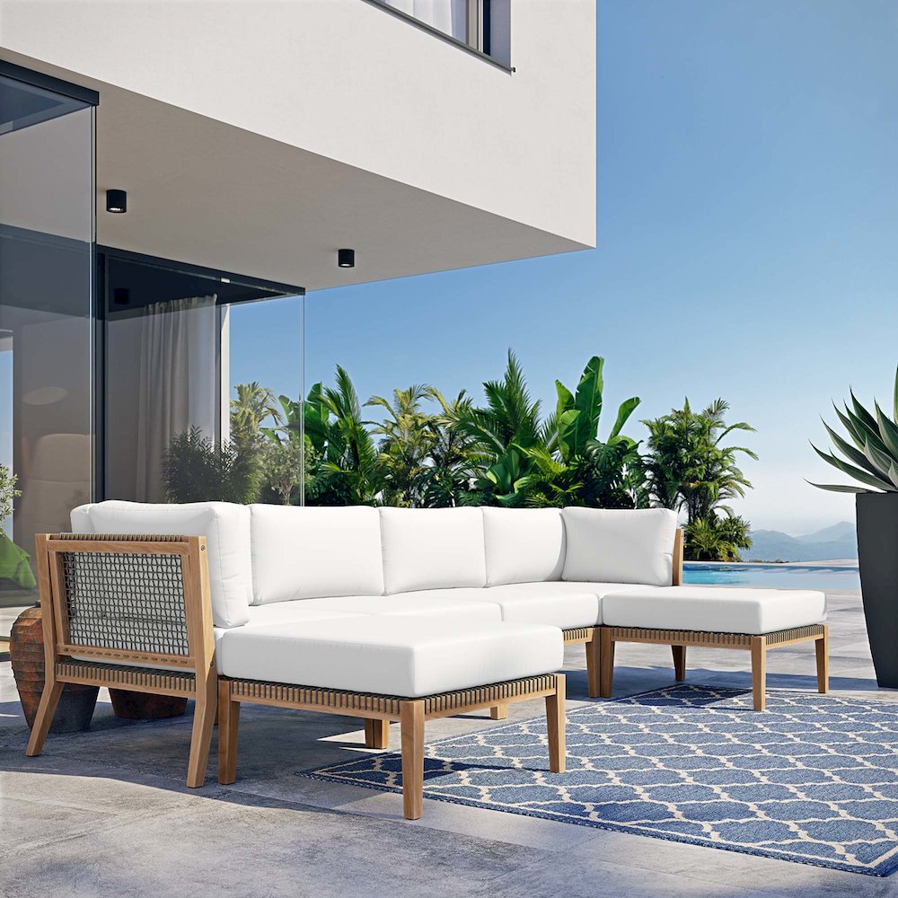 Modway Clearwater 6-Piece Teak Wood Outdoor Sectional Sofa Set (Gray/White, 6-Piece) 8zded
