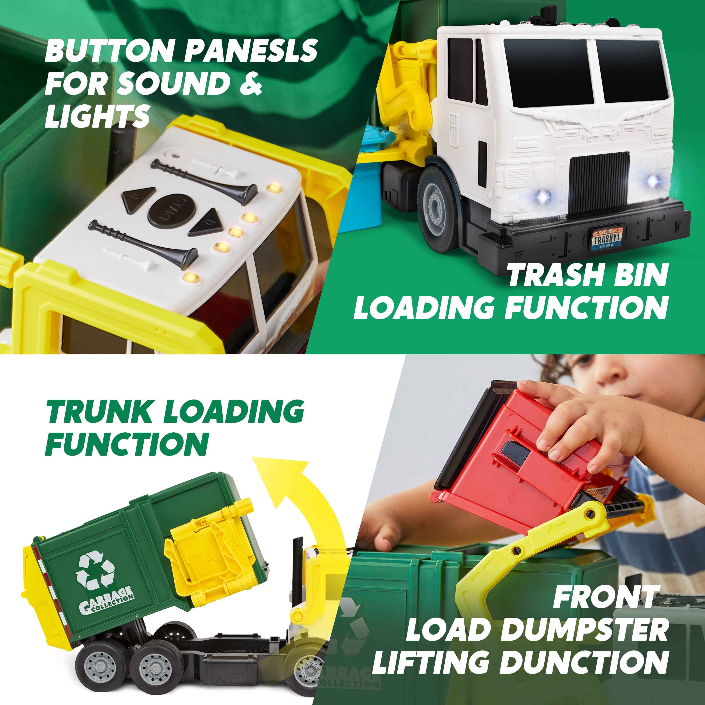 Joyfy Large Garbage Truck Toy with Lights and Sounds, Friction-Powered Recycling Vehicle with Sorting Bins (Green, 16 in) bho32
