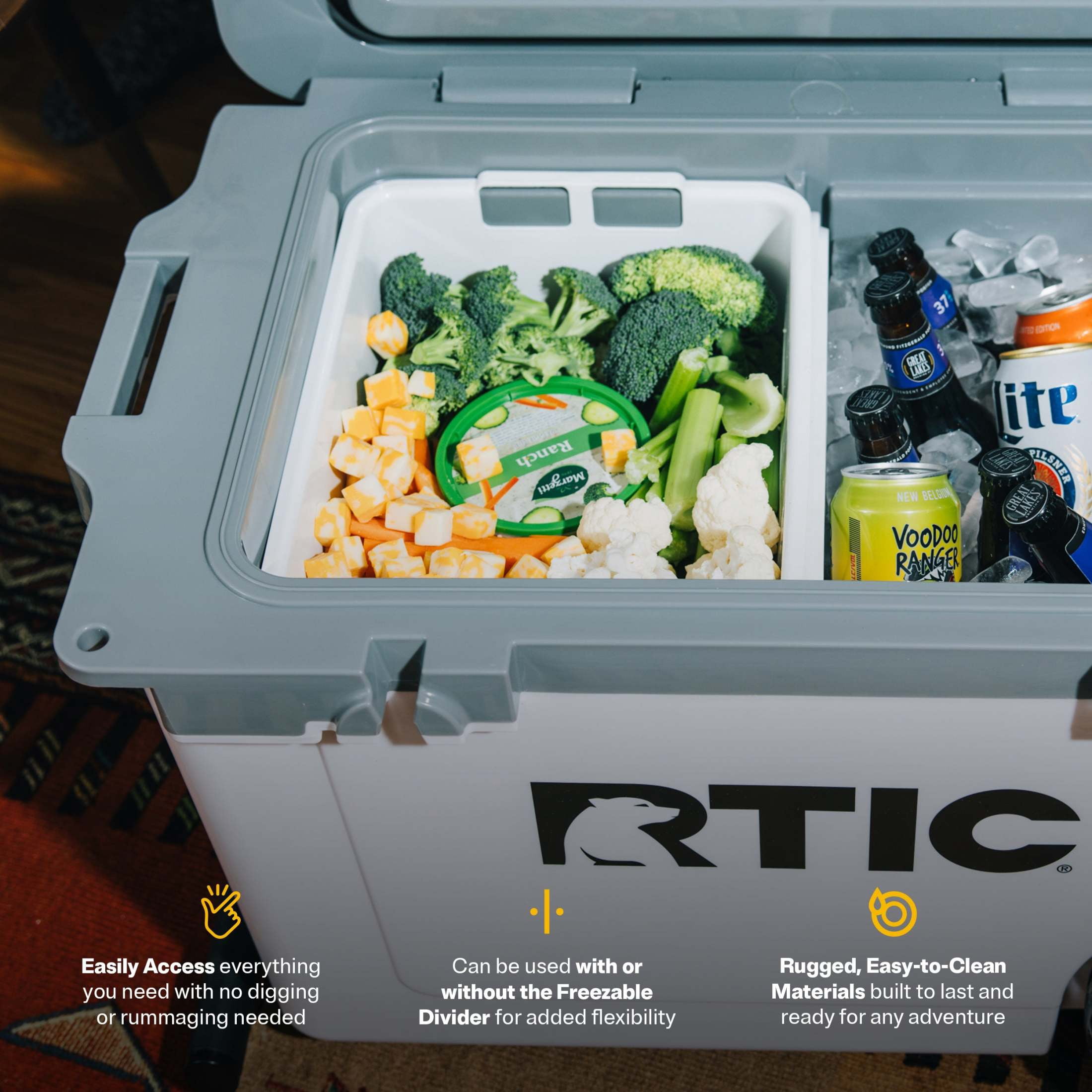 RTIC 52 Quart Ultra-Light Hard Cooler Bundle with Freezable Divider and Dry Basket (Dark Grey and Cool Grey, 52 qt) rskv8