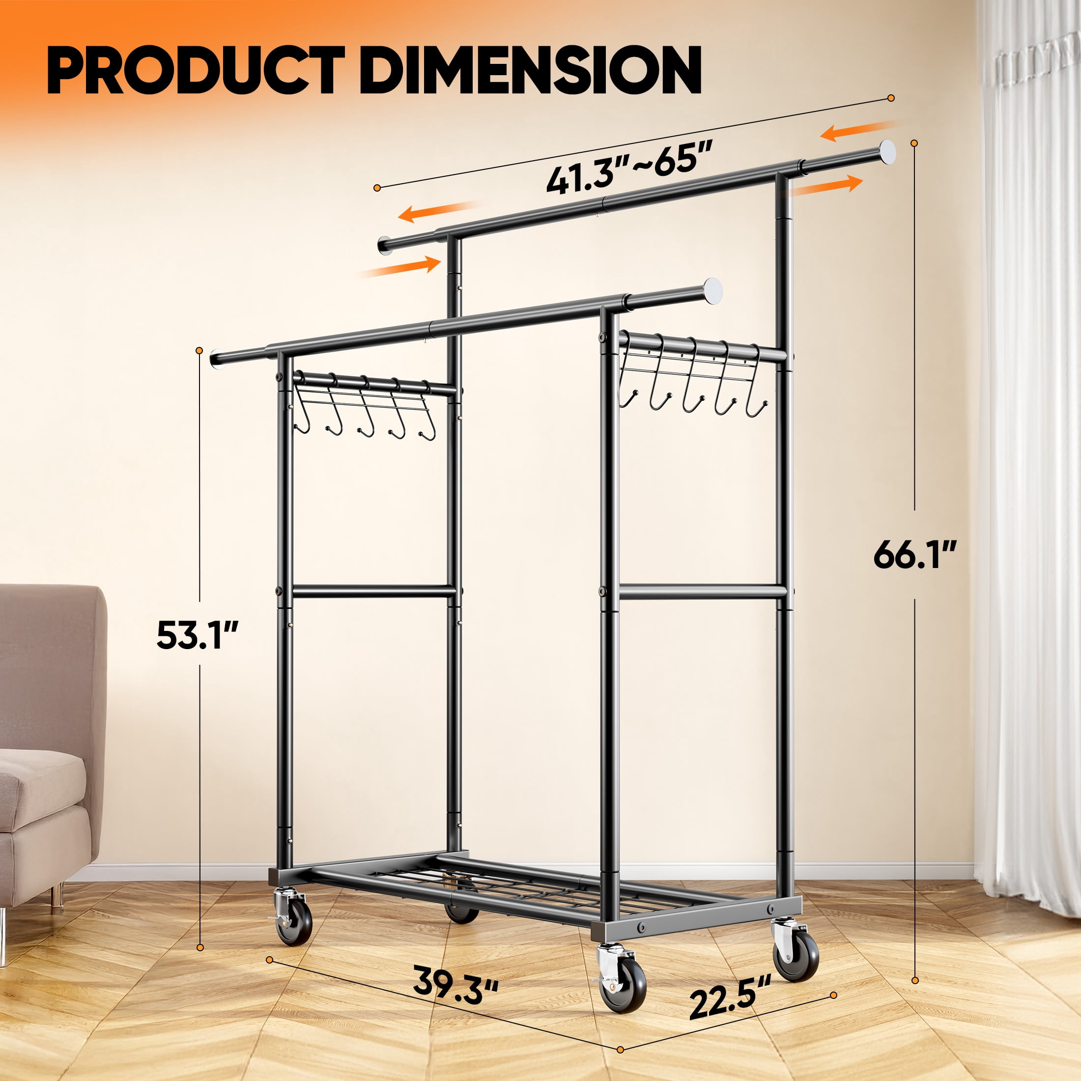 HOKEEPER Heavy Duty Double Rail Garment Rack with Shelves, Adjustable Rolling Clothes Organizer (Black, 450 lb Capacity) 00sgg