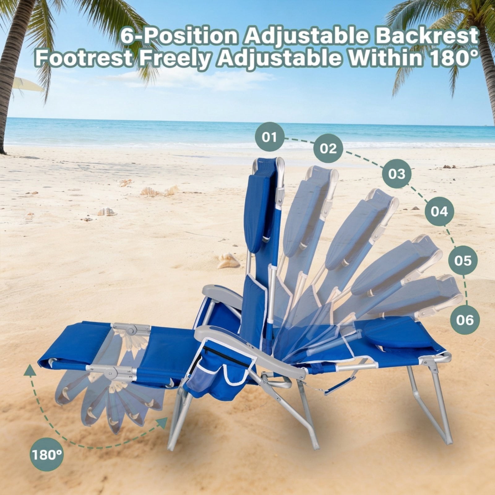SUNSPIRE 3-in-1 Reclining Beach Chair with Face Hole and Cooler Bag (Blue, 14.6 in Seat Height) mgc0z