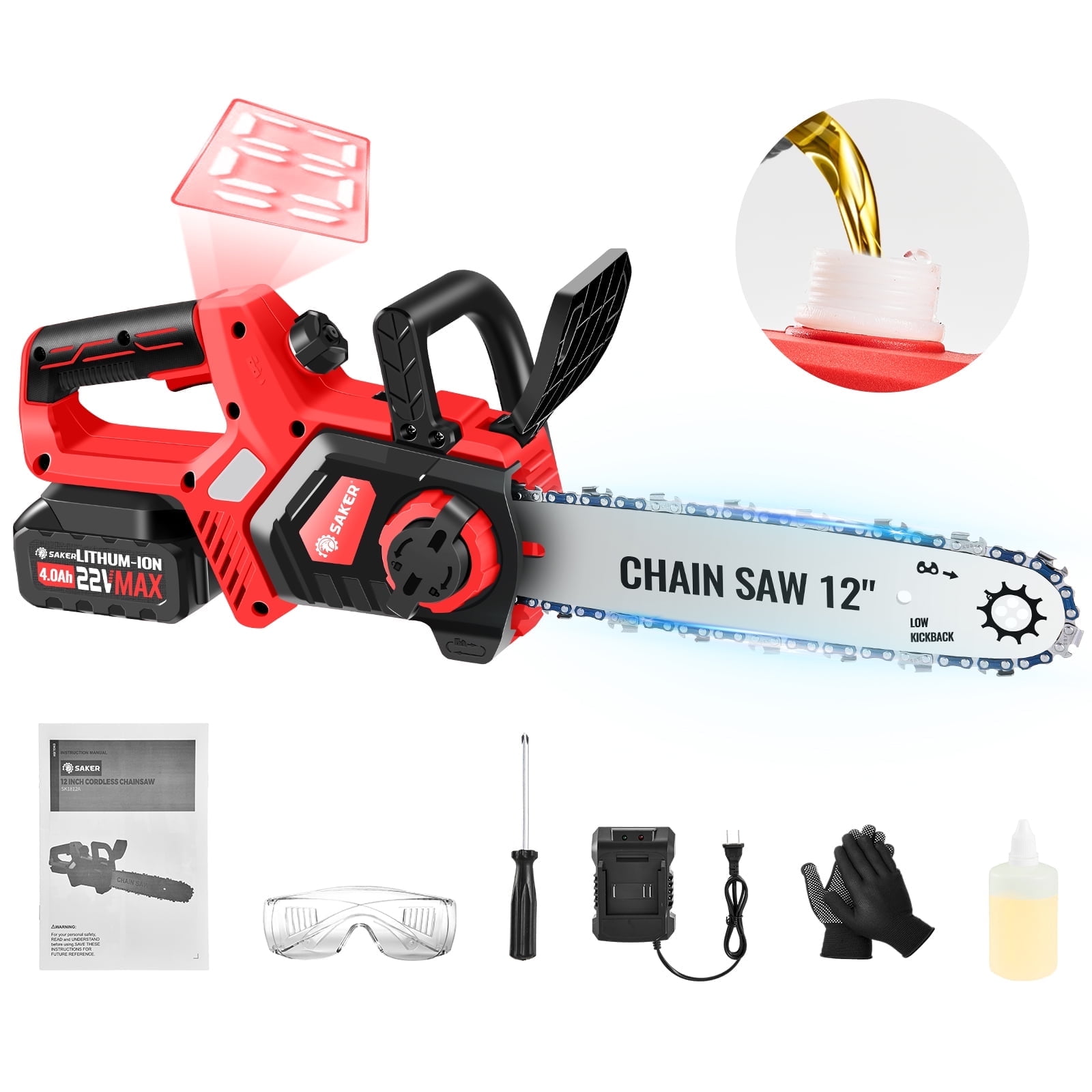 Saker 12 in 22V 4.0Ah Cordless Electric Chainsaw, Auto-Tension, LED Power Display (12 in) zxyz3