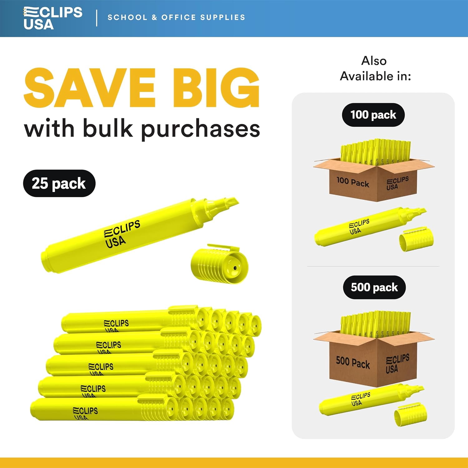 E-Clips USA Chisel Tip Highlighter Pens, Quick-Drying Fluorescent Ink (Yellow, 25-Pack) egi9t