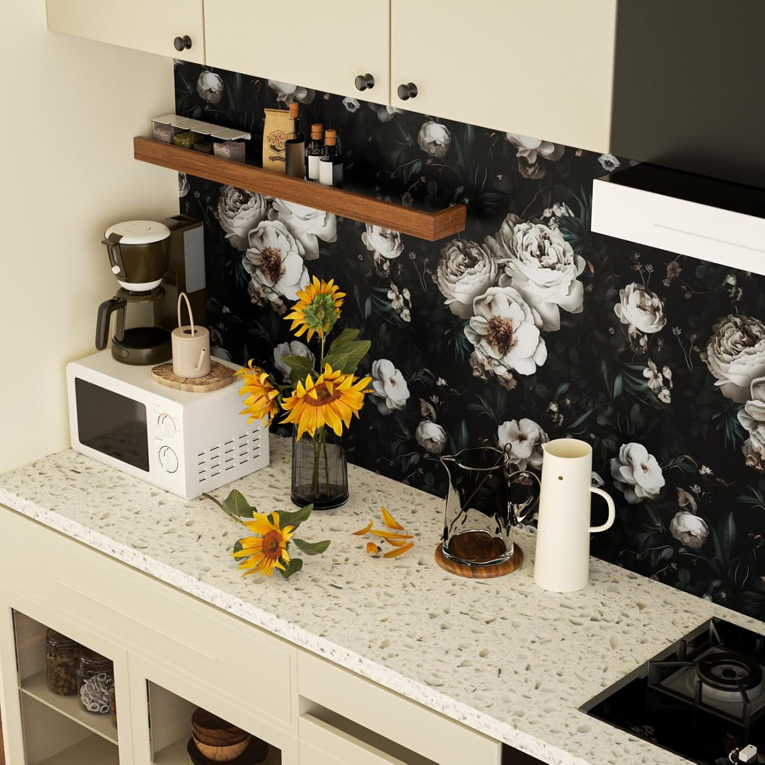 Usachibb Vintage Floral Bird Wallpaper Peel and Stick Boho Wall Mural (Black/Gold, 17.5 in x 118 in) av4xl