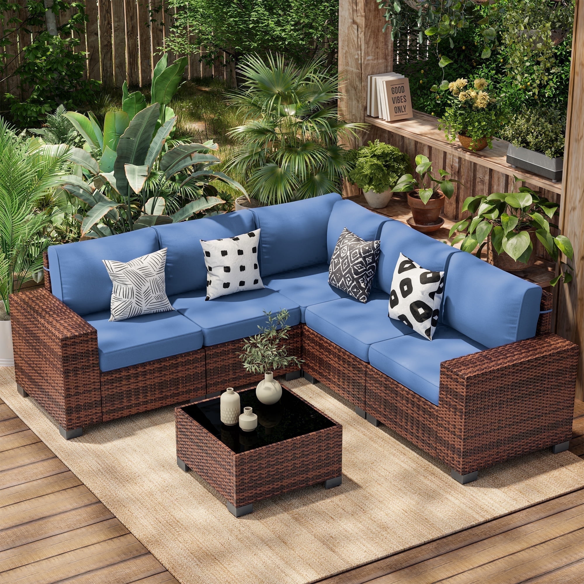 Poteban 6-Piece Outdoor Wicker Patio Furniture Set with Cushions (Brown and Blue, 6-Piece Set) 65mcb