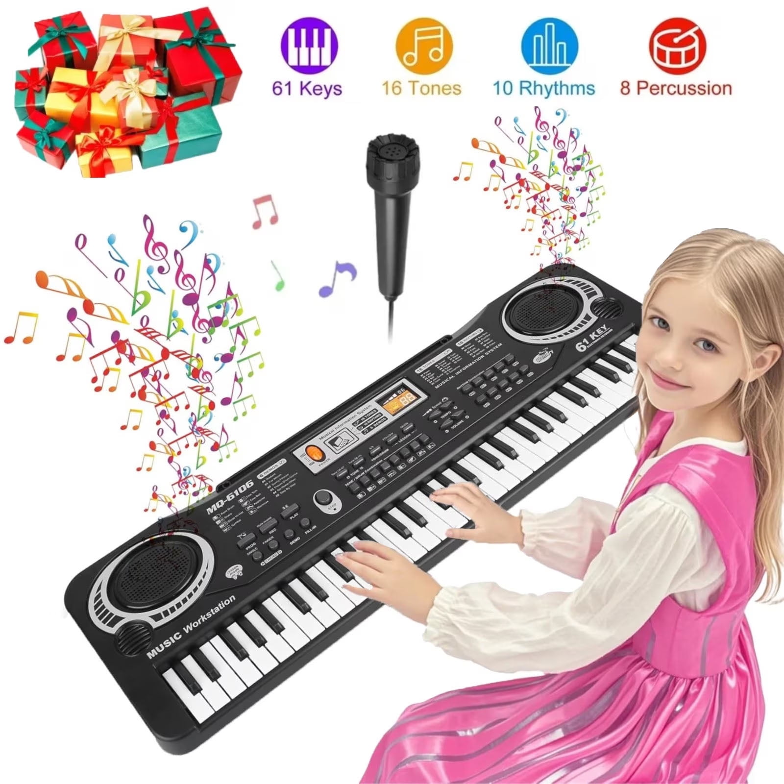 Haokaini 61-Key Electronic Piano Keyboard for Kids with Microphone (Black, 21.3x6.7x2.1 in) jwyct