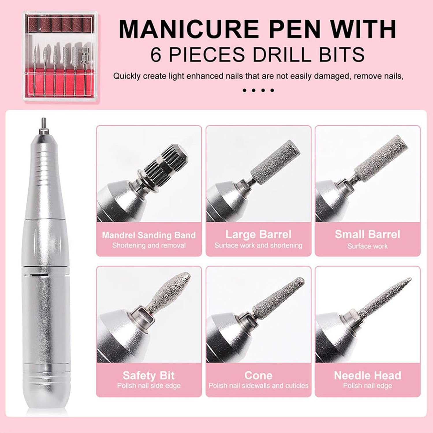 IDFINE Electric Nail Drill Professional 45000RPM Rechargeable Portable File for Acrylic and Gel Nails (Pink, 1 Kit) 30vv1