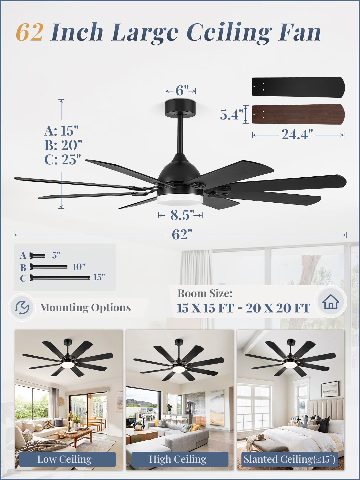 Zardon 62 in. Modern Indoor Ceiling Fan with LED Light and Remote Control (Black, 8-Blade) yvs2m