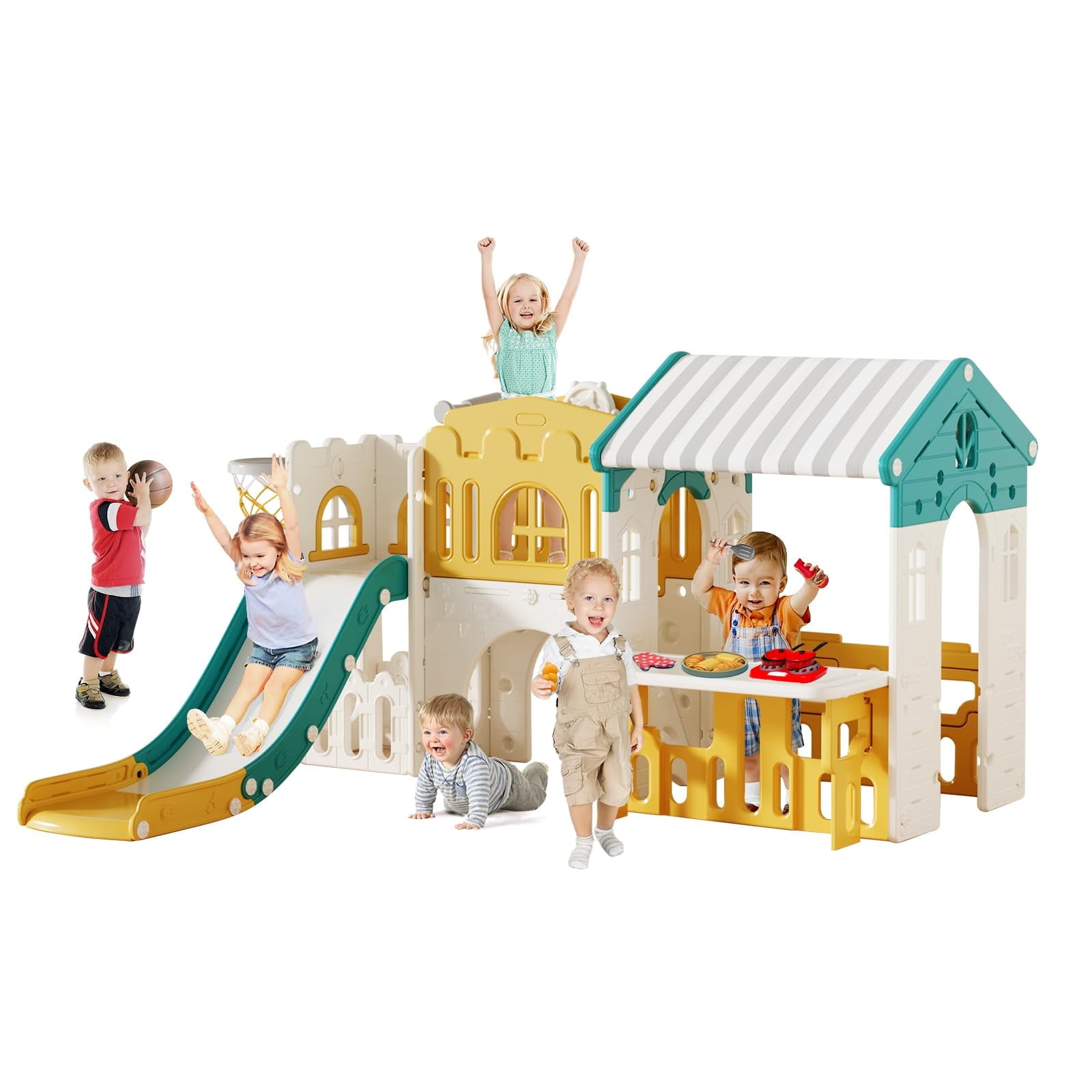 JIAOQIU 10-in-1 Toddler Playground Playset with Slide, Rock Climber, and Basketball Hoop (Green, 72 in x 60 in x 45 in) uwd61