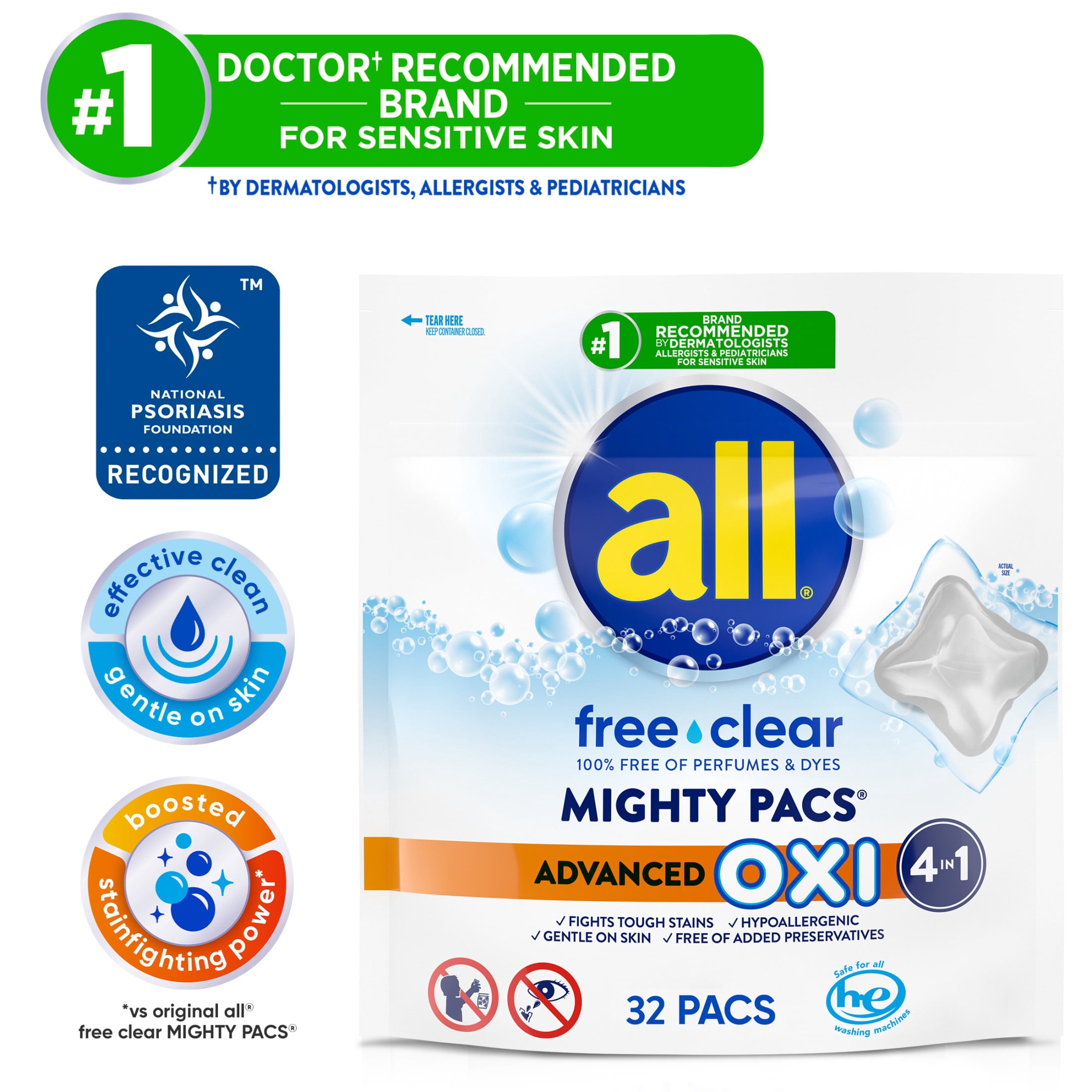 all Free Clear Mighty Pacs Oxi Laundry Detergent (Clear, 32 Count) oz0nt