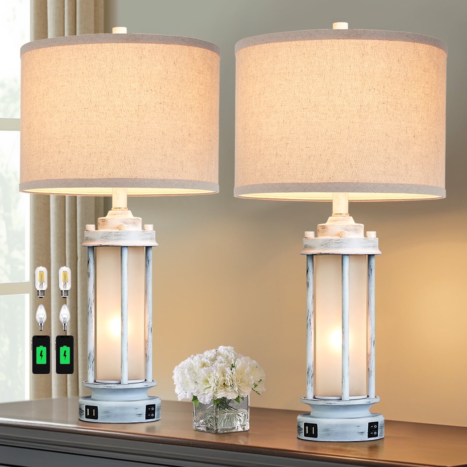 JUJUYUYOP Modern Farmhouse Table Lamps with USB Charging Ports and Night Light (White, Set of 2, 25 in) a3avo