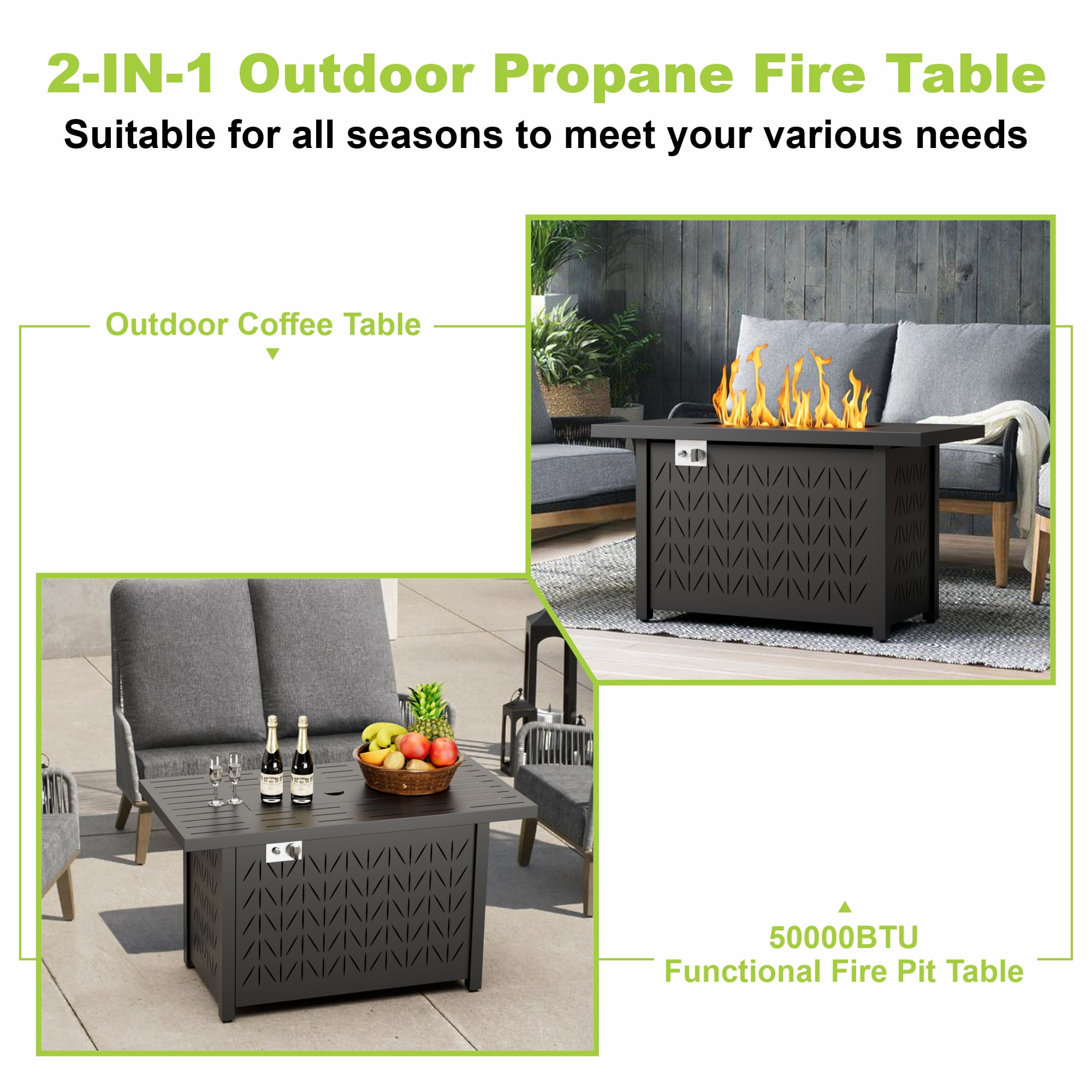 Vornel 43 in Rectangular Propane Fire Pit Table, 50000 BTU 2-in-1 Gas Fire Table with Lid and Cover (Black, 43 in) yeym8