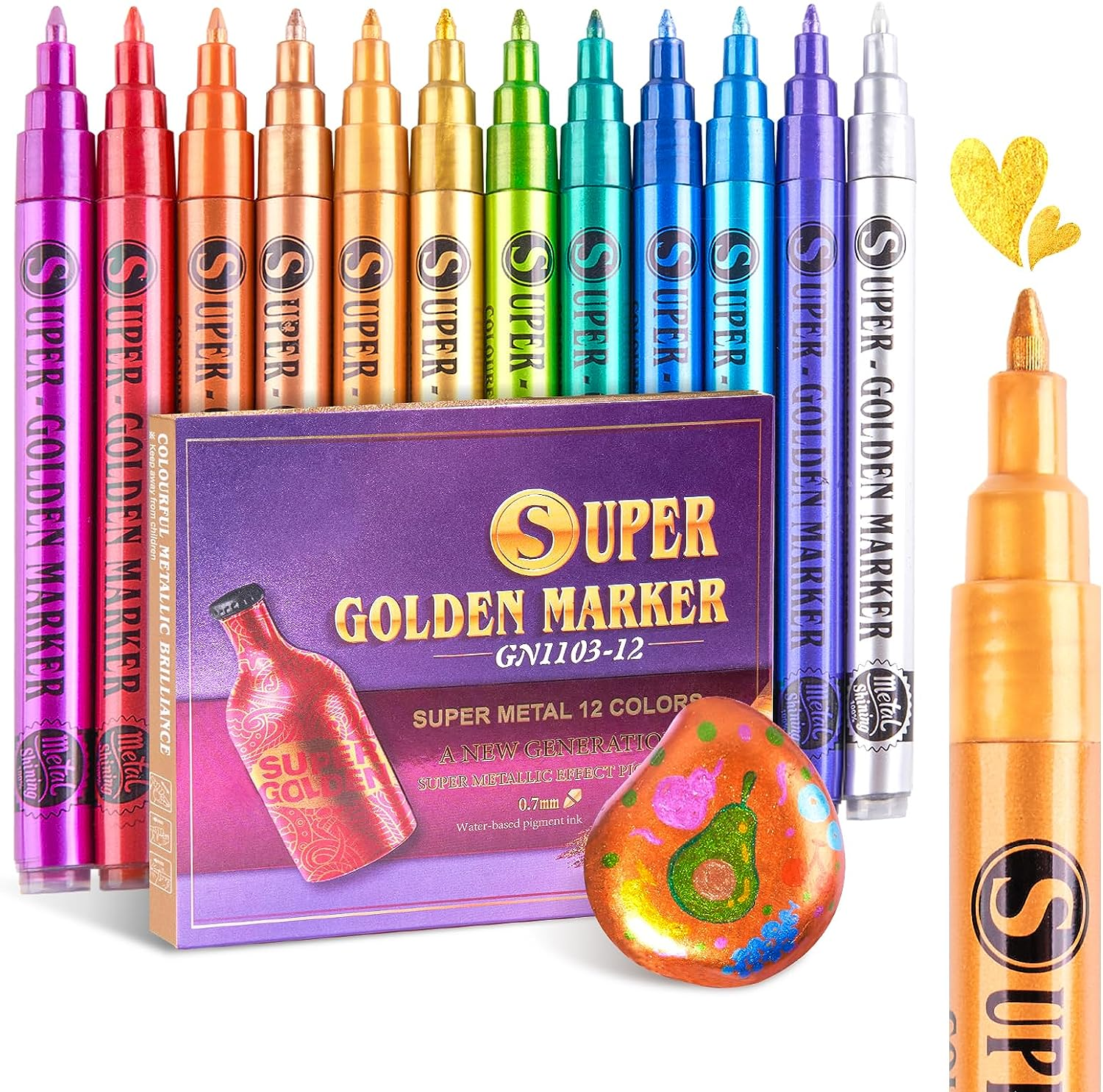 Lightwish Metallic Acrylic Paint Markers, Sparkle Glitter Art Pens for Rock Painting and DIY Crafts (12 Colors, 12 Pack) o6uhd