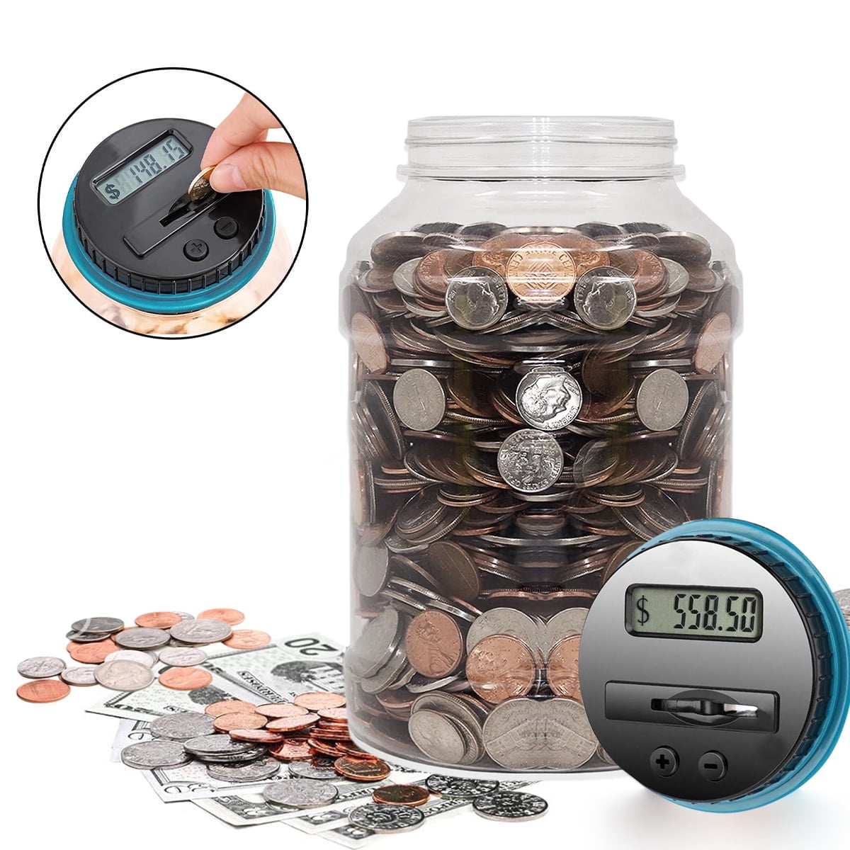 QISHI Digital Piggy Bank with LCD Coin Counter, Large Capacity Savings Jar for US Coins (Blue, 1.8 L) vikqj