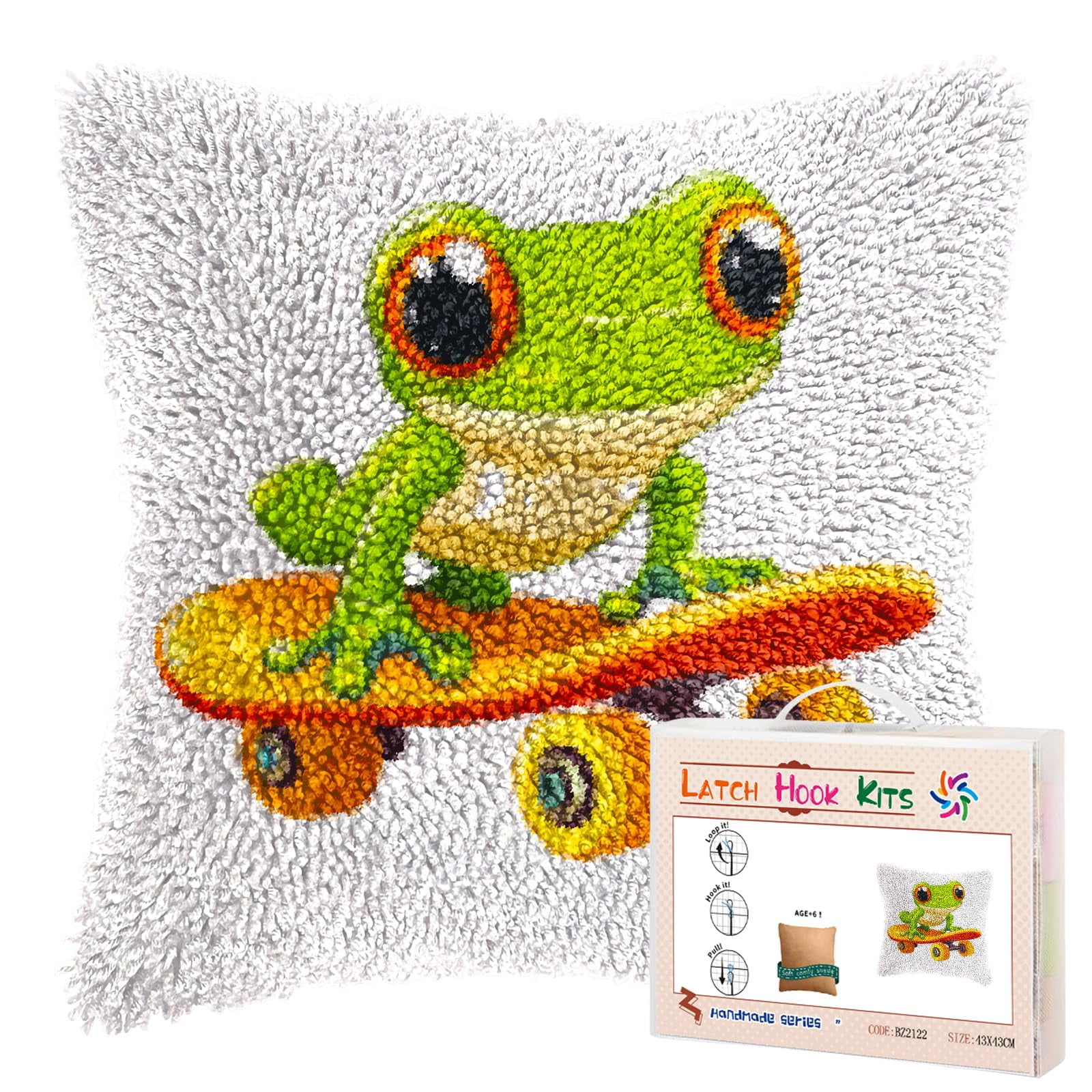 DIY Latch Hook Pillow Kit Cartoon Frog Skateboard Design Handmade Craft Set (17x17 in) 7i6rv