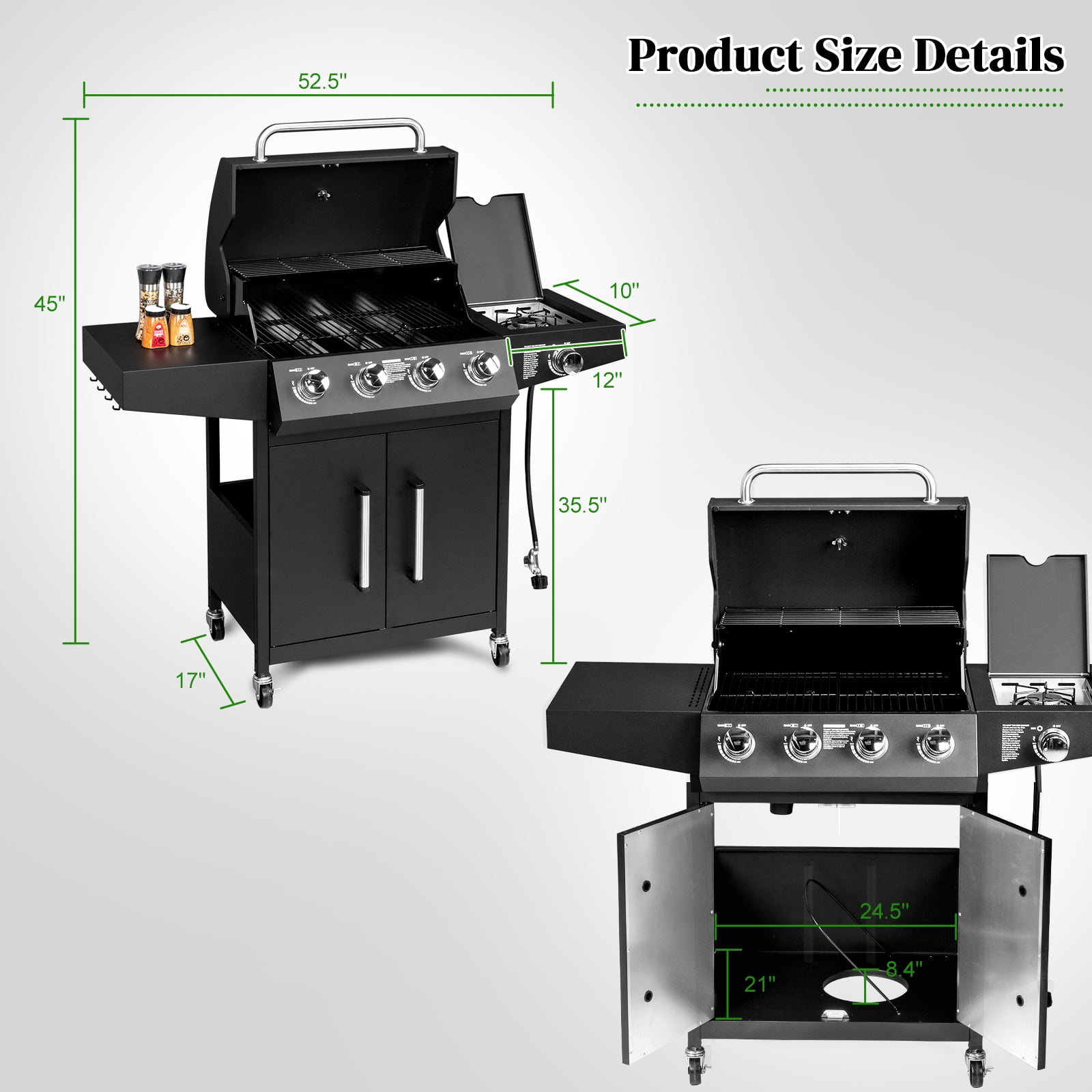 GoDecor 4-Burner Propane Gas Grill with Side Burner for Outdoor Cooking (Black, 53 in x 24.8 in x 44.5 in) wrhkj