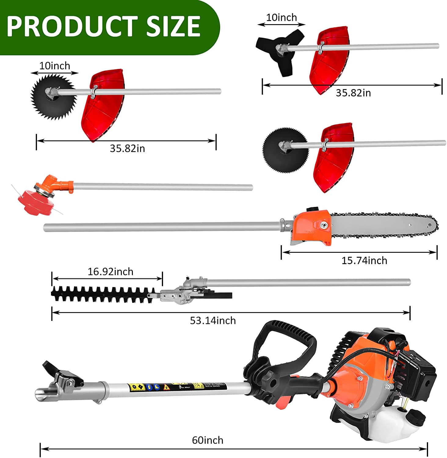 Baotree 52cc 2-Stroke 6-in-1 Gas Powered Multi-Tool Trimmer and Edger (Orange, 39.4 in Extension Pole) potq7