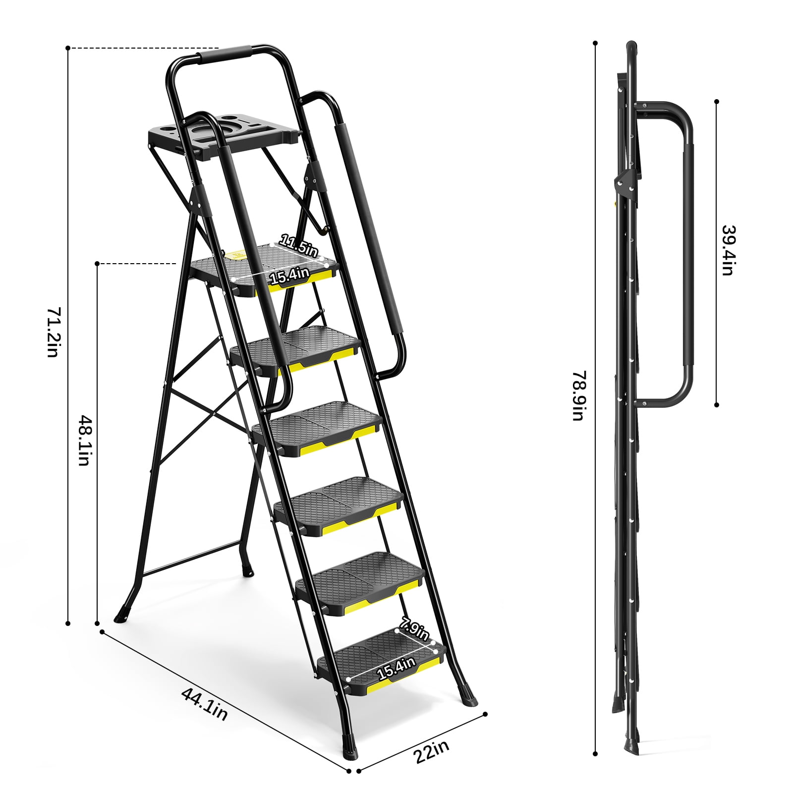 KINGRACK 6 Step Ladder, Heavy-Duty Steel Step Stool with Tool Platform and Handrails (Black, 800 lb Capacity) ct59l