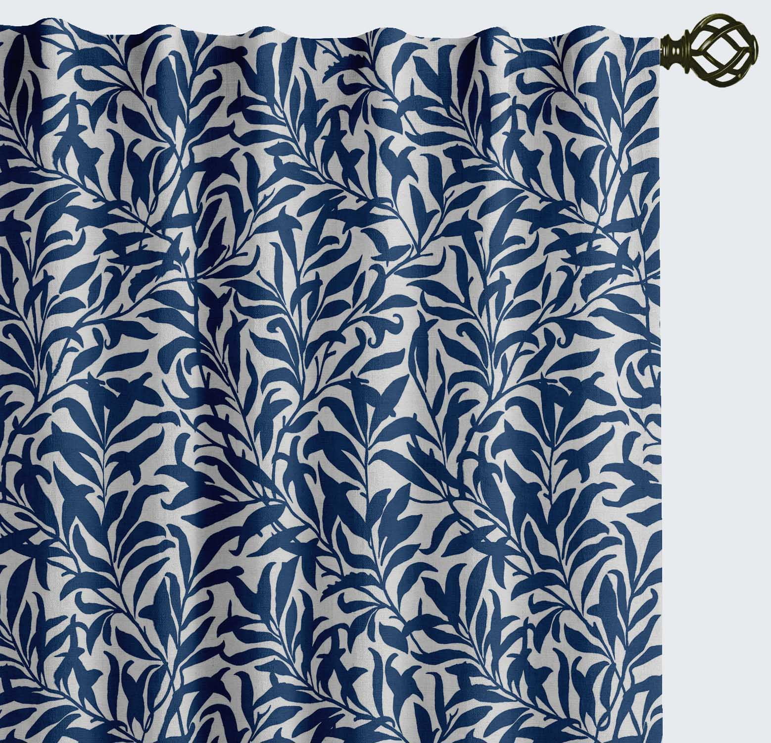 Vargottam Cotton Window Curtains, Light Filtering Drapes with Leaves Print (Blue, 52 in x 63 in, Set of 2) qvpy2