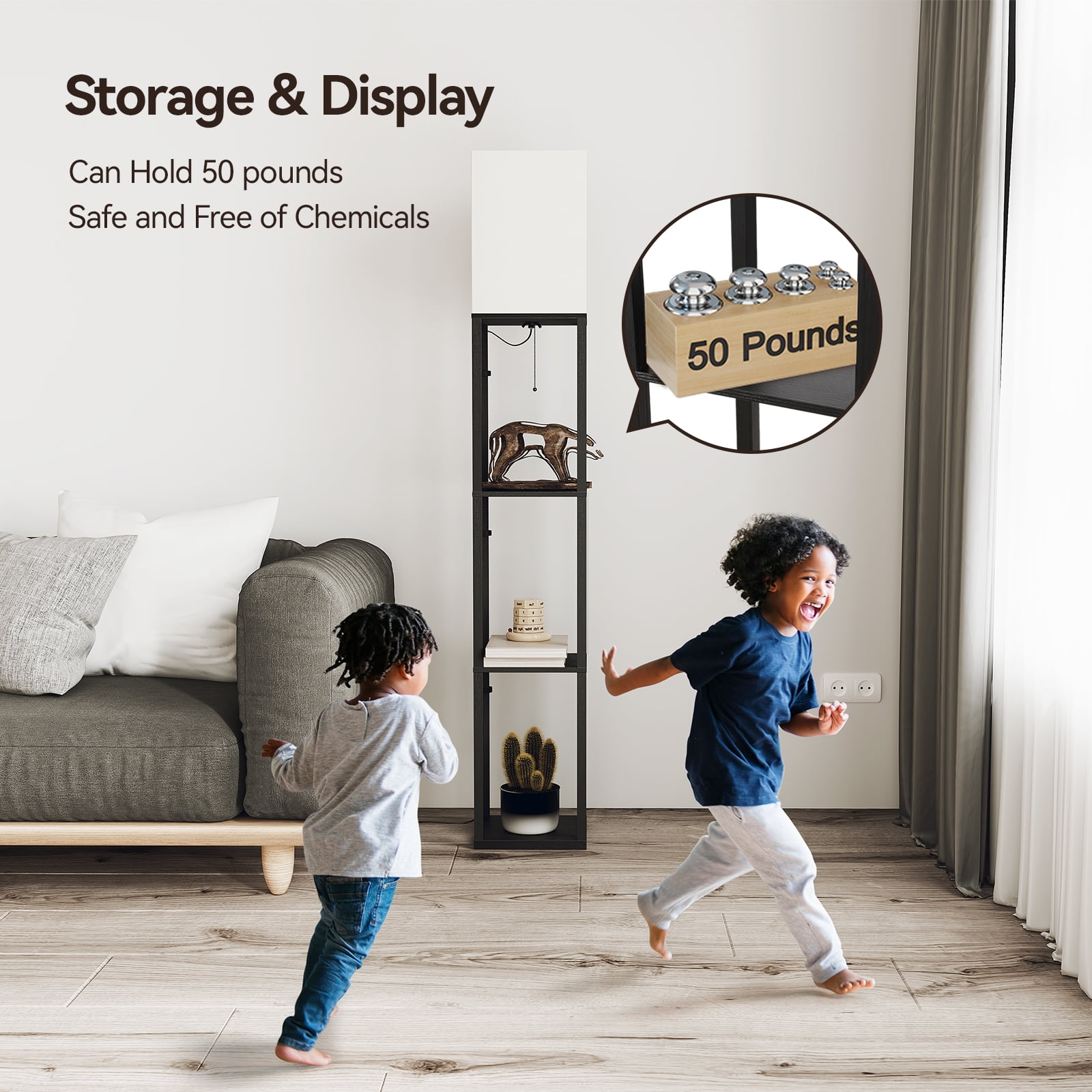 SUNMORY Floor Lamp with Shelves, Standing Lamp for Living Room and Bedroom, Modern Storage Shelf Lamp with LED Bulb (Black, 63 in) uk1io