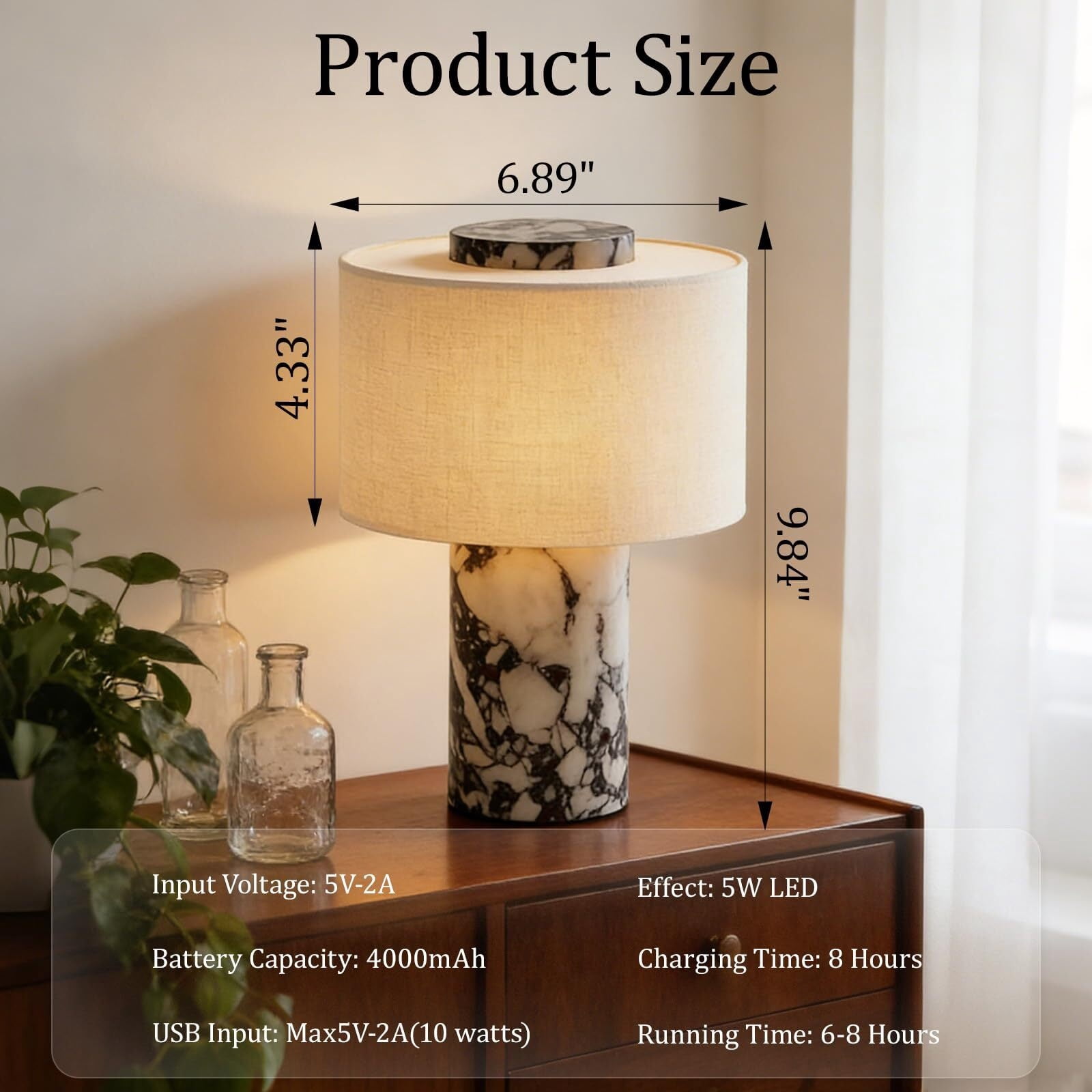 Generic Marble Table Lamp Rechargeable LED Nightstand Light with USB Port (White, 7 in x 10 in) jd5a4