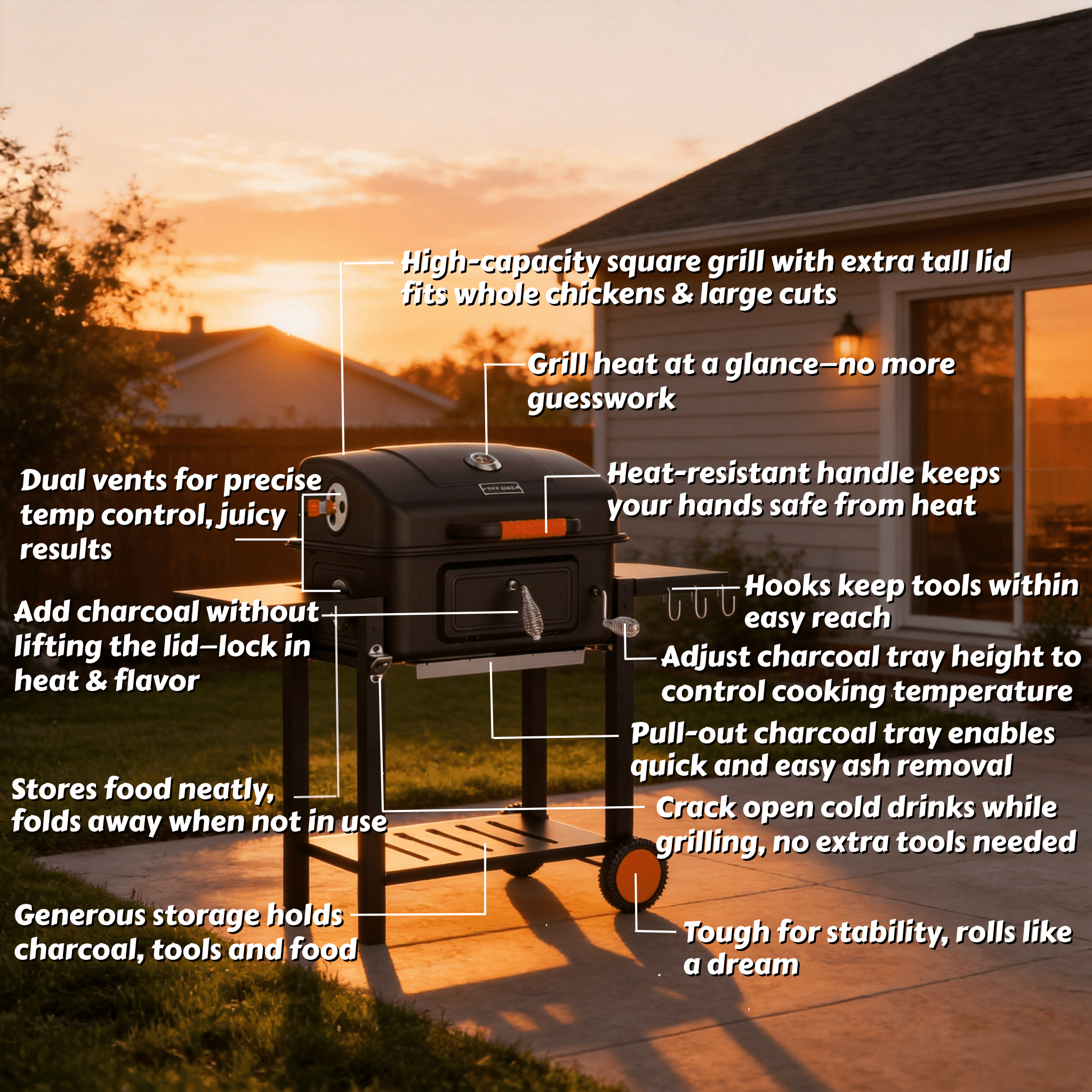 KEYO GRILL Large Charcoal Grill with Foldable Side Tables and Height-Adjustable Ash Pan (Black, 44.5 in x 36 in x 22 in) 4njvm