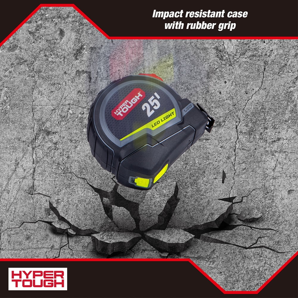 Hyper Tough LED Tape Measure with High-Visibility Blade (Grey, 25 ft) 2t2lw