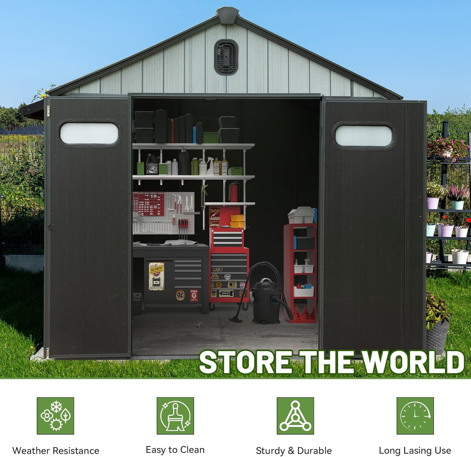 Domi Outdoor Living Resin Storage Shed, Waterproof Garden Tool Shed with Lockable Doors & Vents (Grey, 6 ft x 6 ft) mxycb
