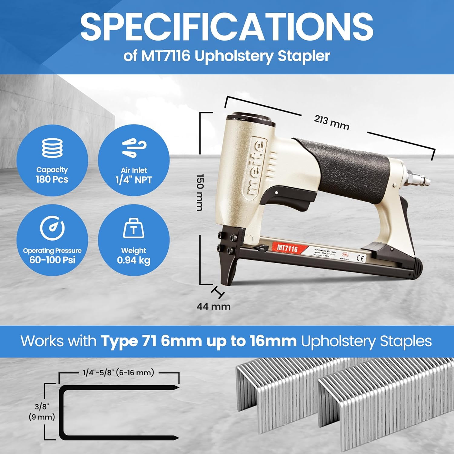 MEITE MT7116 Pneumatic Upholstery Staple Gun (22 Gauge, 3/8 in Crown, 1/4 in to 5/8 in Length) s4jjf