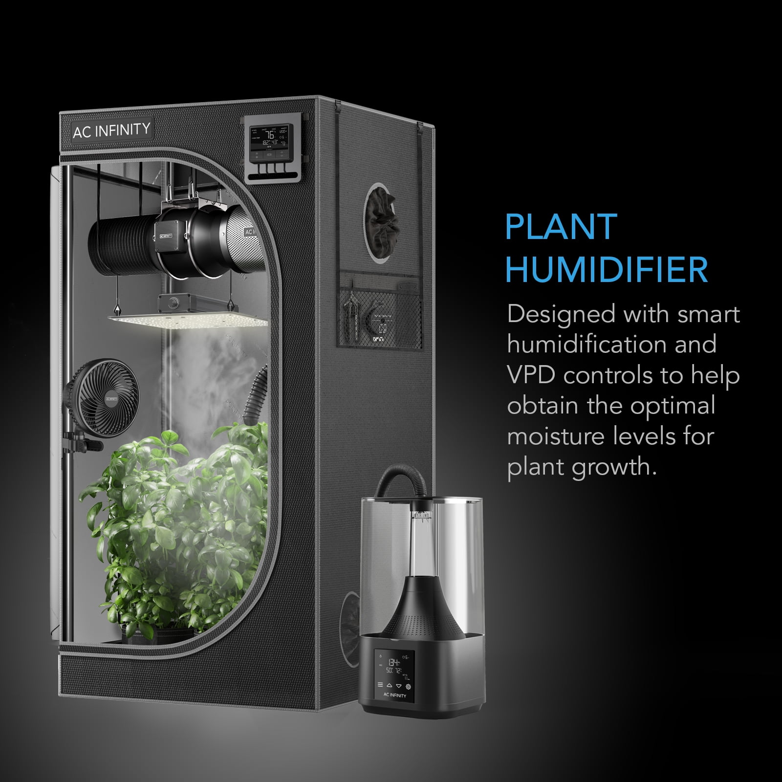 AC Infinity CLOUDFORGE T3 Plant Humidifier with VPD Controller and Detachable Tubing (Black, 1.19 gal) 1bsbv