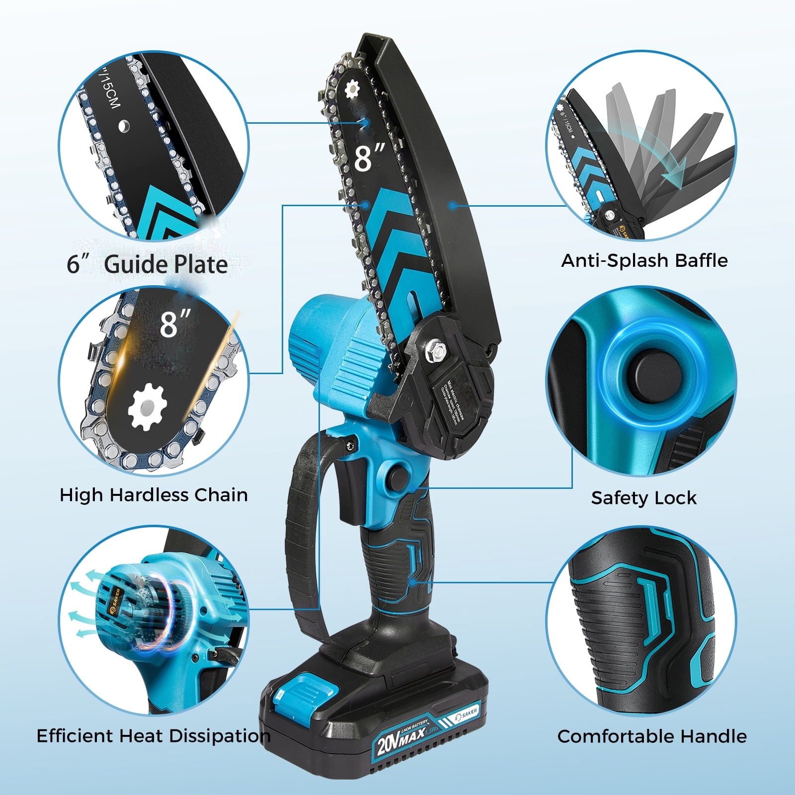 Susuzi 8-Inch Cordless Chainsaw, Brushless Mini Handheld Power Tool for Tree Trimming and Wood Cutting (Blue, 4.85 lb) 0mv7b