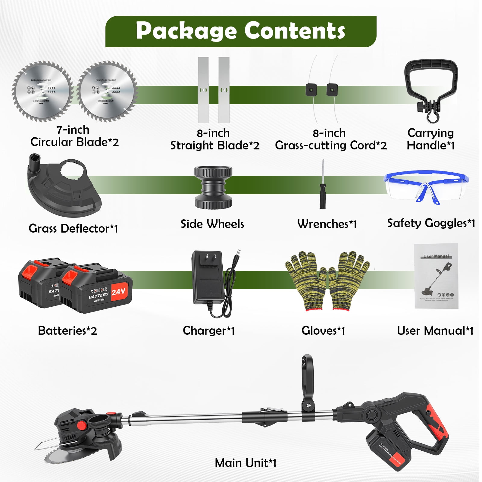CATGOOD Electric Cordless Weed Eater, 24V Grass Trimmer with 2 Batteries and Charger (8 in Cutting Width) 6bmcb