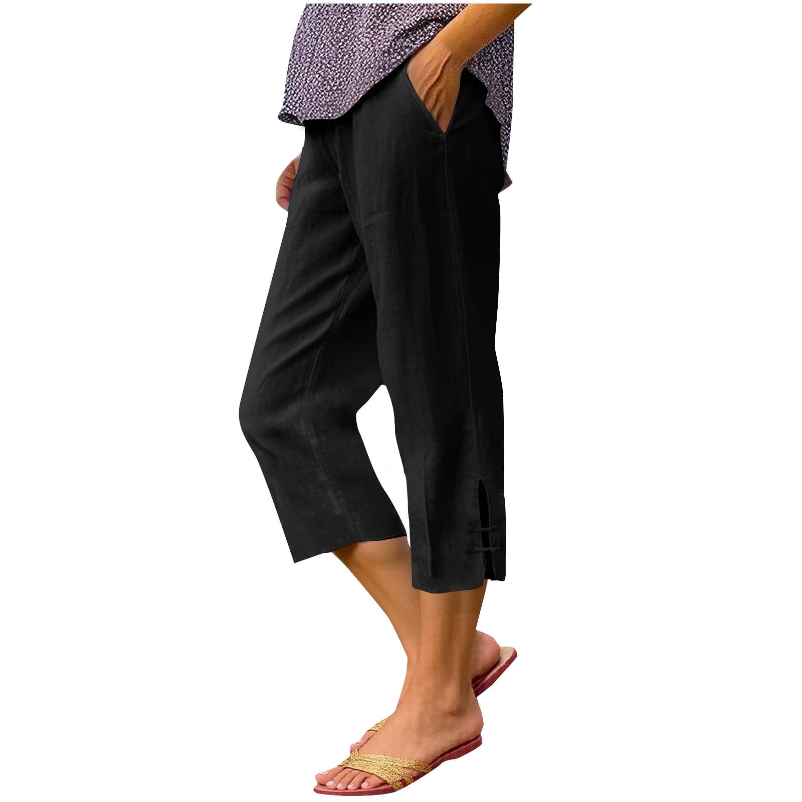 TOPLIU Women's Linen Capris Wide Leg Pants with Pockets (Beige, L) fo1zw
